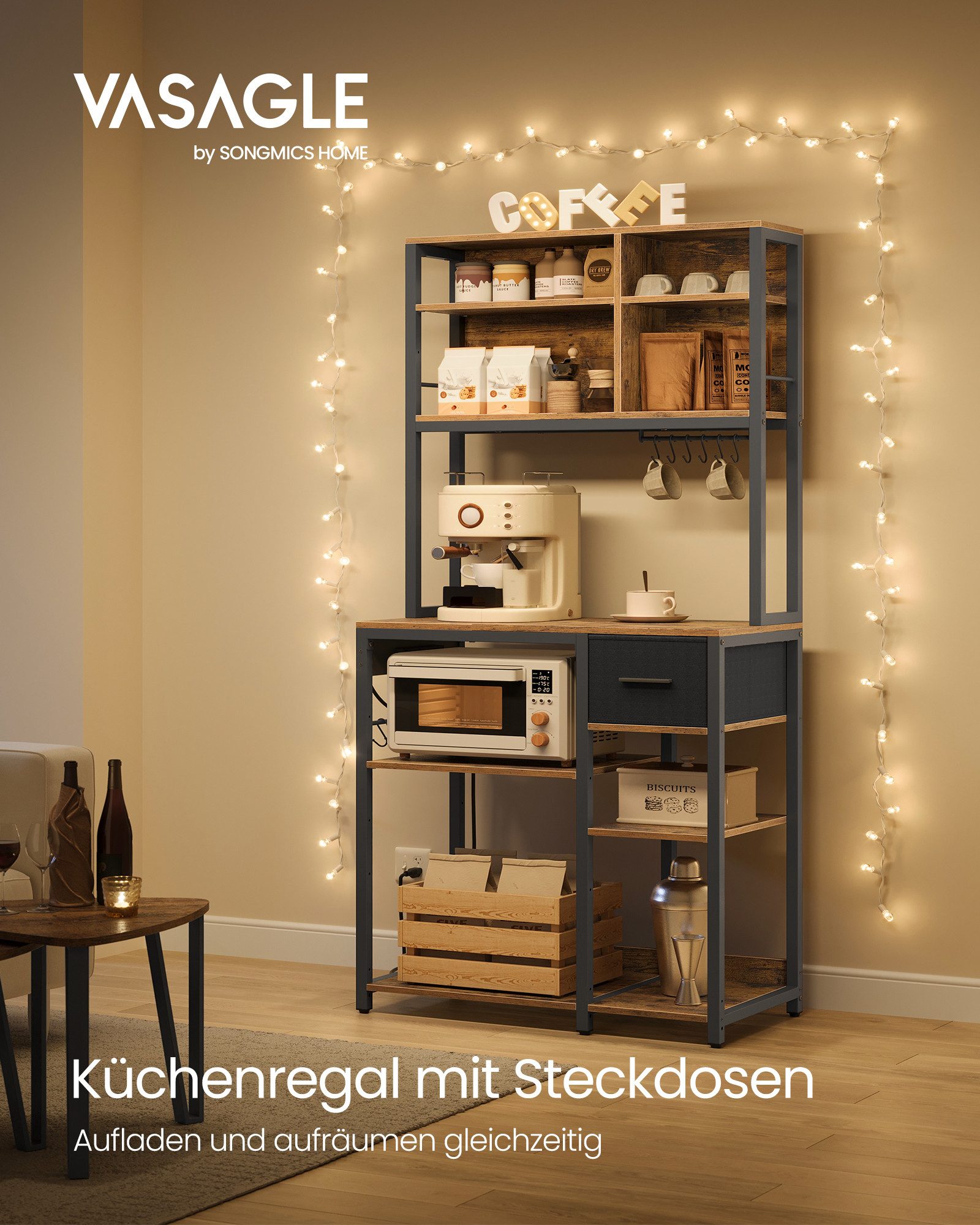 VASAGLE Standregal, Küchenregal mit Steckdosen, verstellbaren Ablagen günstig online kaufen