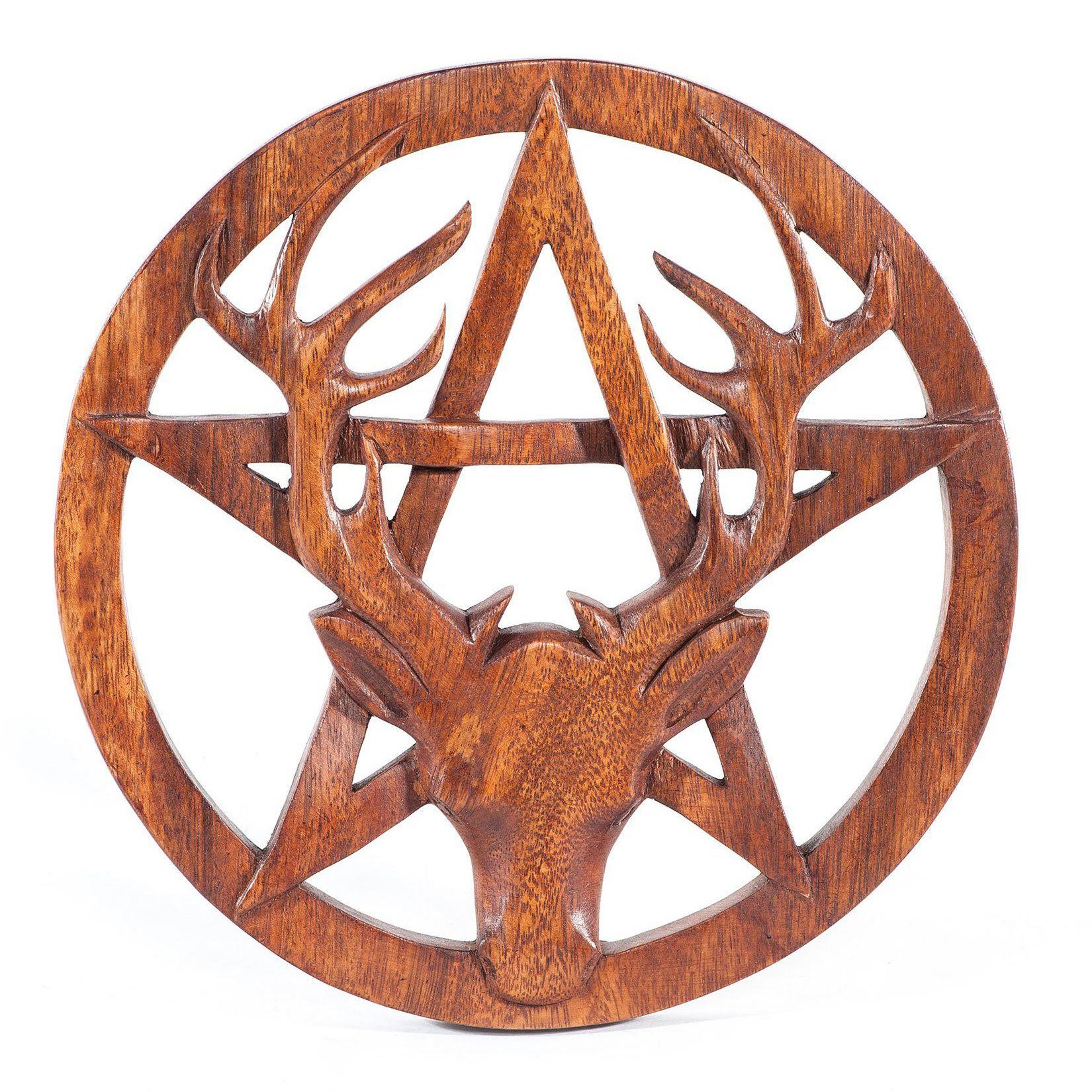 Wanddekoobjekt Wandschmuck Hirsch Kopf und Pentagramm Holz geschnitztes Ornament Holz