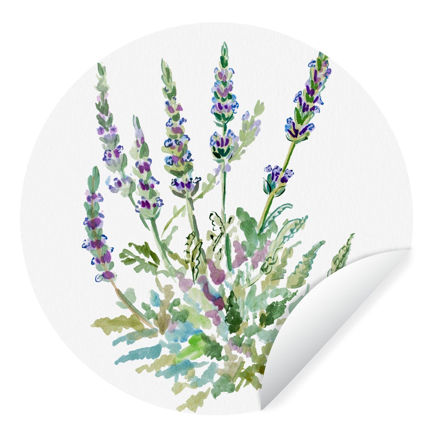 MuchoWow Wandsticker Aquarell - Lavendel - Blätter - Details (1 St), Tapetenkreis für Kinderzimmer, Tapetenaufkleber, Rund, Wohnzimmer
