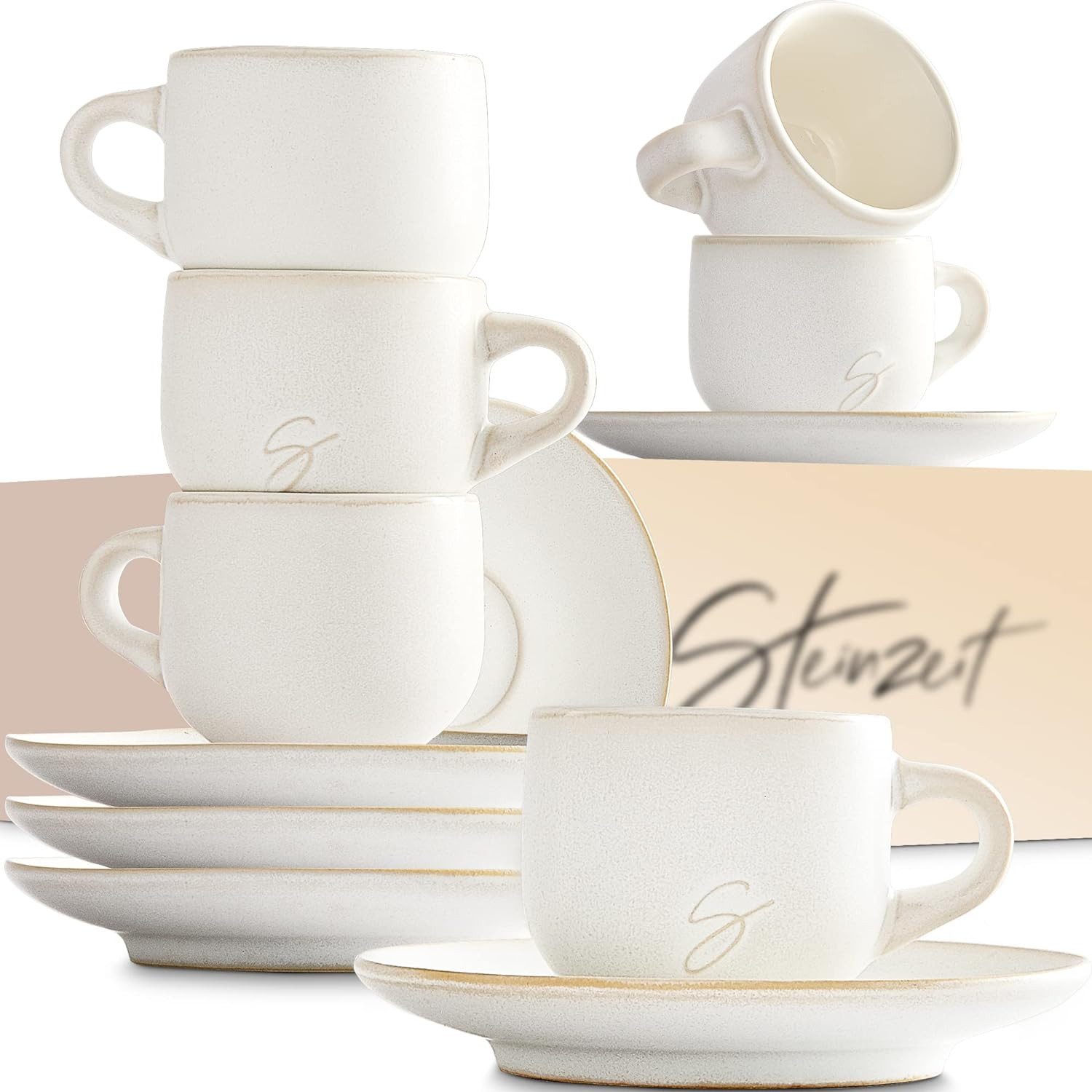 Steinzeit Espressotasse (6x80ml) - Espressotassen Set mit passenden Untertassen -, Espressokaffeetassen aus 100% Handfertigung - stapelbare Mokkatassen