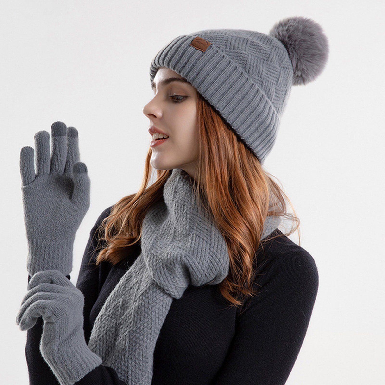 In Damen Strickmütze Warme Winter Set, Schal Rutaqian Strickmütze 3 Grau Handschuhe,Damen 1