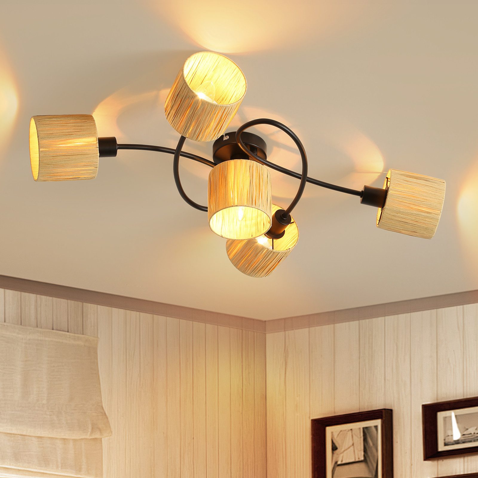 ZMH Deckenstrahler 2/3/4/5 Flammig E14 Schwarz Natürlich Deckenlampe Papier Wohnzimmer, Einfache Installation, ohne Leuchtmittel, 350°Schwenkbar Deckenspots für Schlafzimmer Flur