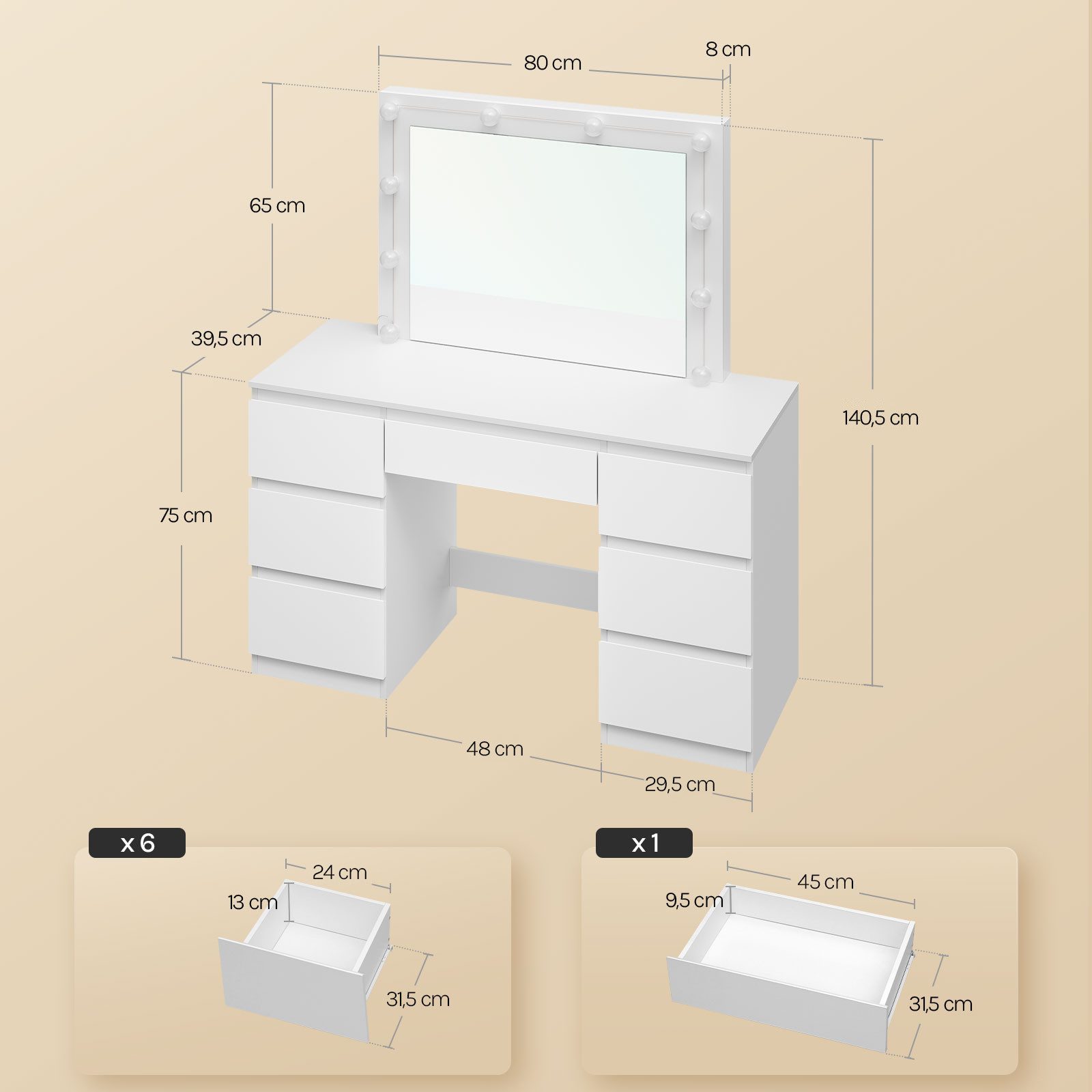Woltu Schminktisch (1-St), mit Spiegel und LED-Beleuchtung, 7 Schubladen