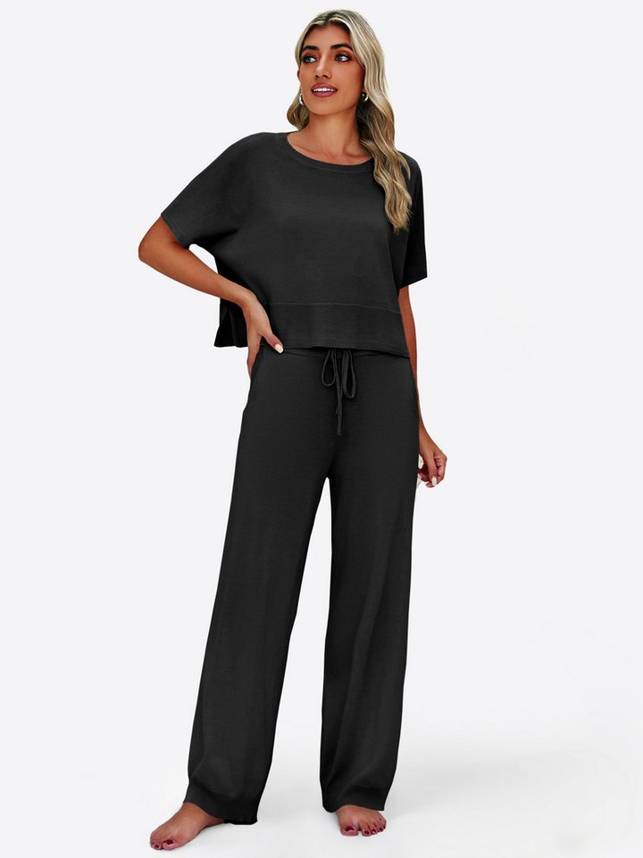 Imily Bela Hausanzug Damen 2-teilige Pullover-Sets (Set, 2 tlg., Strick-Crop-Tops mit Schlitz + High-Waist-Hosen) Volltonfarbe