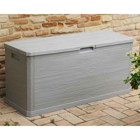 ONDIS24 Kissenbox Auflagenbox Gartentruhe Terrassenbox Madera, in Holzoptik warmgrau rollbar 280L