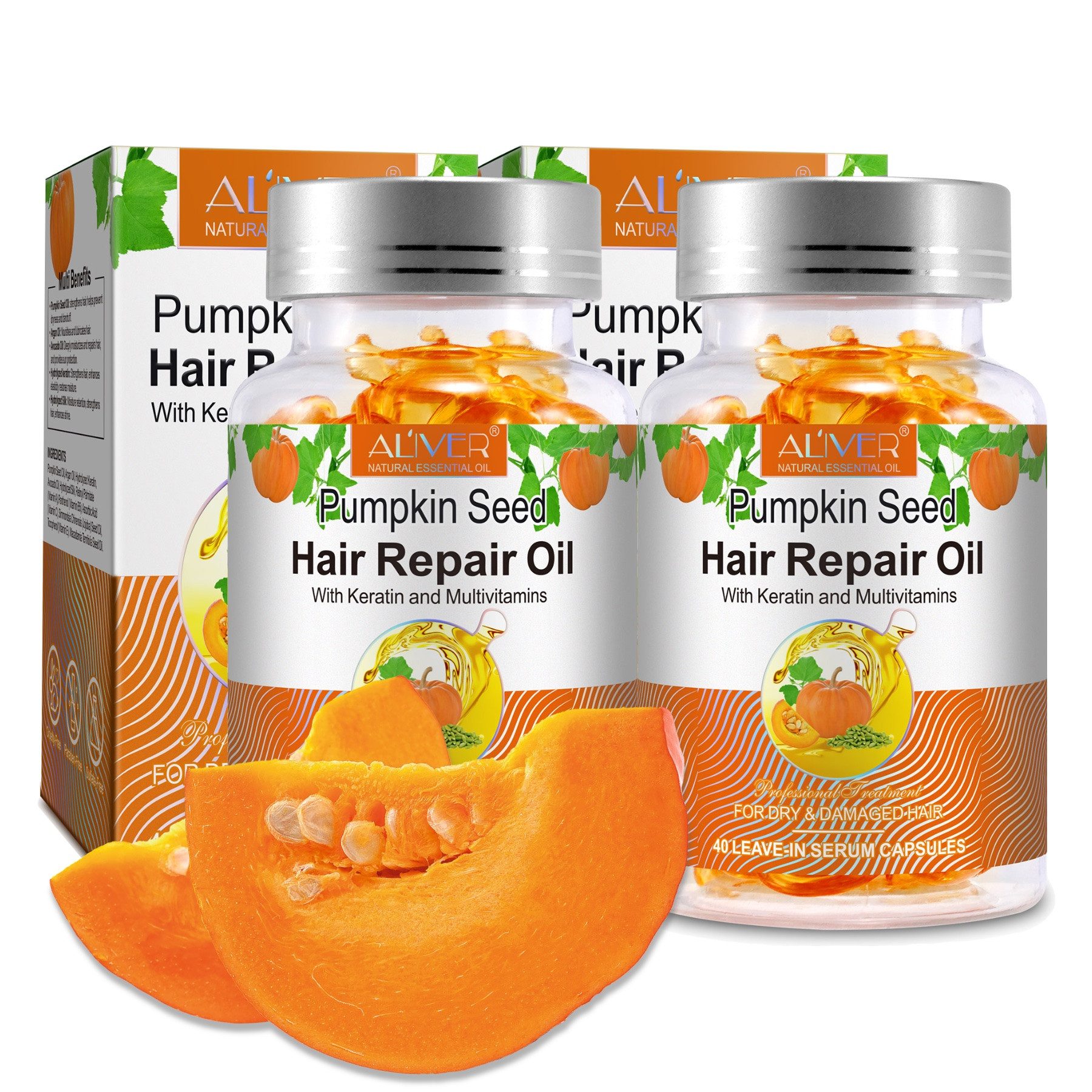 ALIVER Haaröl Kürbiskernöl Haarwachstum Haarpflege in Kapseln Vegan, 2-tlg.