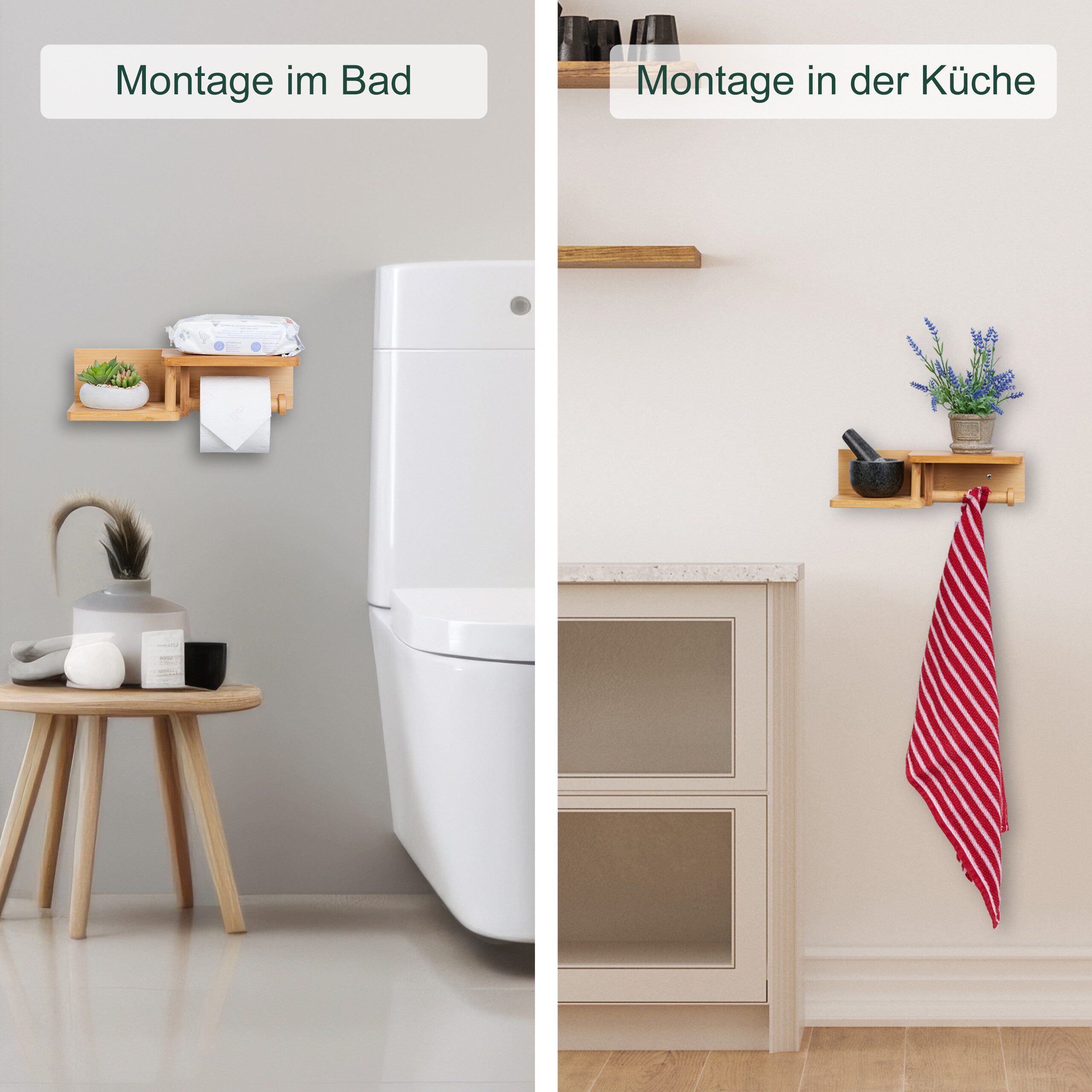 relaxdays Toilettenpapierhalter Bambus Toilettenpapierhalter 2 Ablagen (4-St) – Bild 2 von 5
