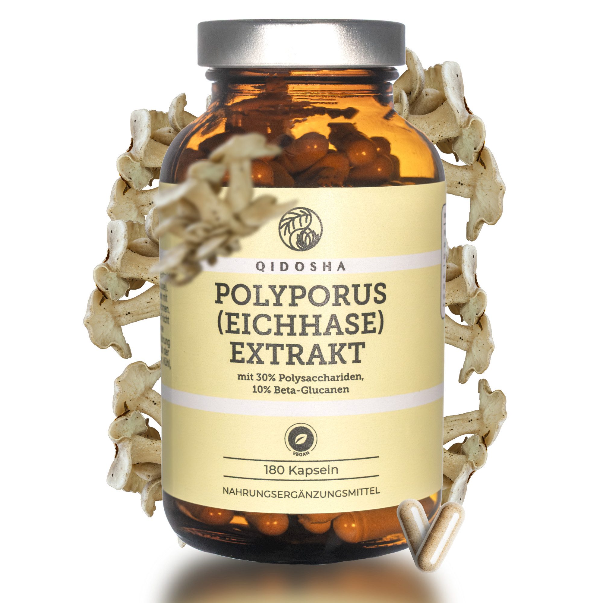 QIDOSHA Polyporus Extrakt Kapseln - Eichhase Pilz für Immunsystem & Vitalität Hartkapsel, 1 er Hochdosierte Polyporus Kapseln - Premium Fruchtkörper-Extrakt à 120 St., 109 g, Eichhase Pilz Kapseln Hochdosiert - Beta-Glucane & Polysaccharide
