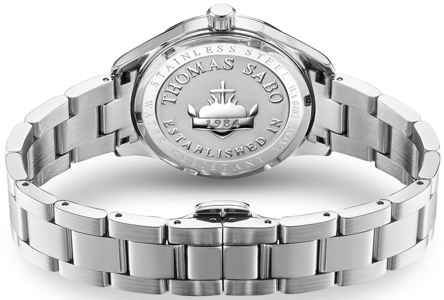 THOMAS SABO Quarzuhr COSMIC AMULET WA0402-201-203-34 MM, Armbanduhr, Damenuhr, Zirkonia, Herz, Mond, Sterne, Edelstahlarmband