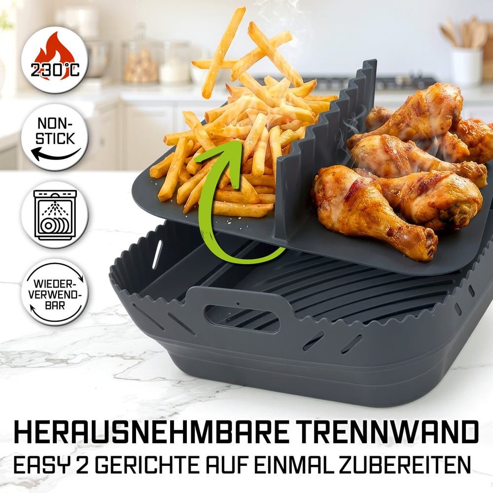 GOURMETmaxx Backform Silikonform Heißluftfritteuse ab 4 L - 2er-Set - mit Trennwand, (2-tlg), Heißluftfritteuse Zubehör Silikon Backform, kreieren, garen, servieren