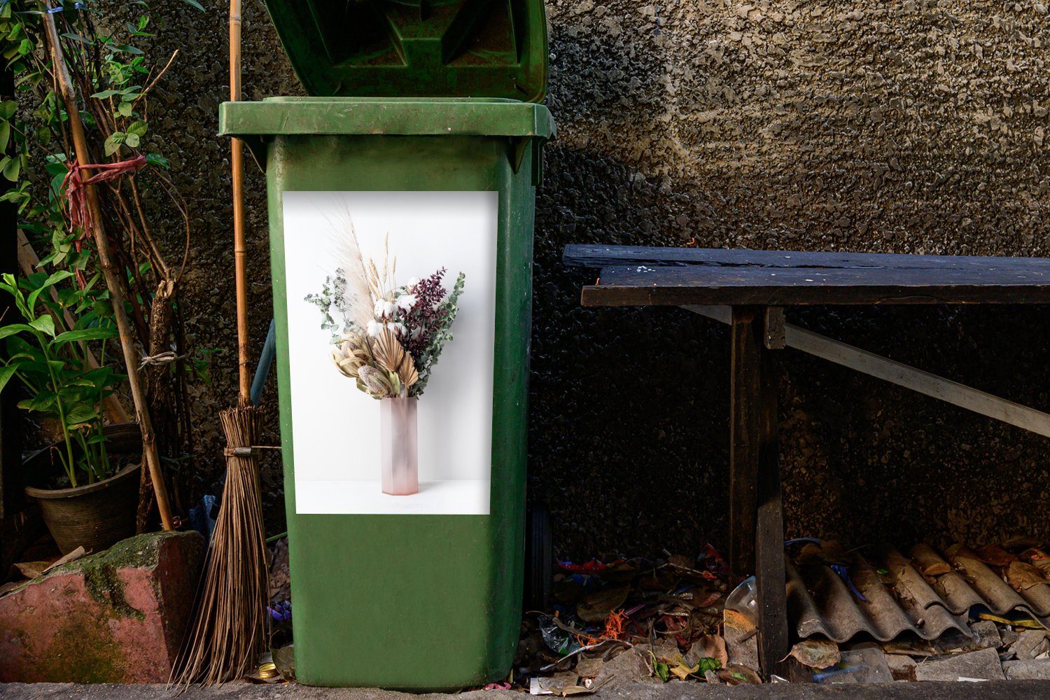 - MuchoWow Stilleben Abfalbehälter Blätter St), Wandsticker Mülleimer-aufkleber, Sticker, - Mülltonne, (1 Container, Blumen