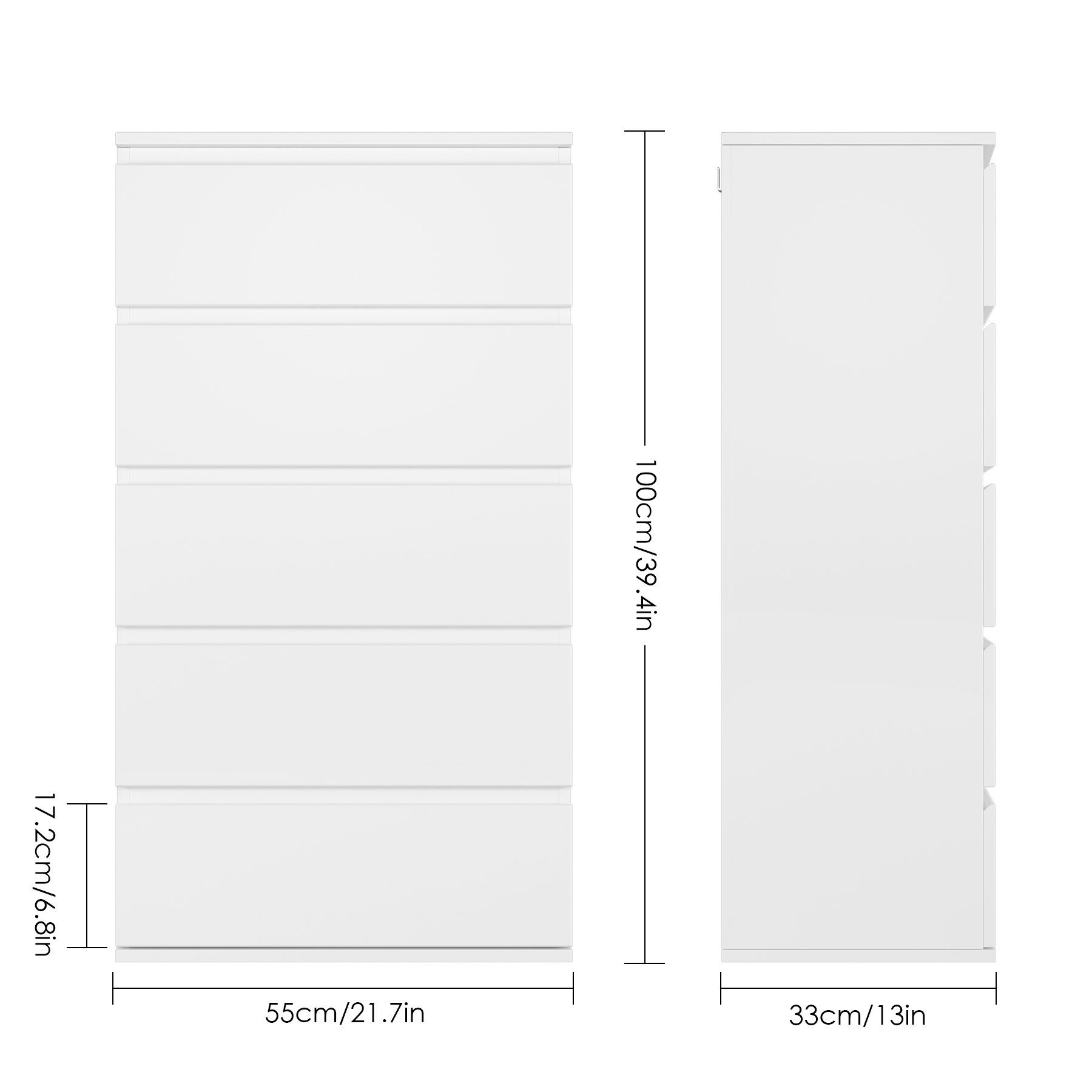Homfa Kommode, Sideboard mit 5 Schubladen, Schubladenschrank, weiß, Holz, 55x33x100cm