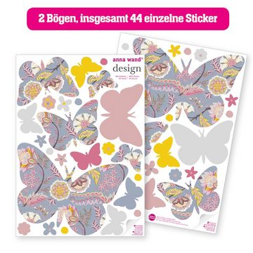 anna wand Wandsticker Blumen & Schmetterlinge Grau/Rosa/Gelb (2 DIN A3 Bögen, 44 Wandtattoos aus Vliestapete), Hergestellt in Deutschland