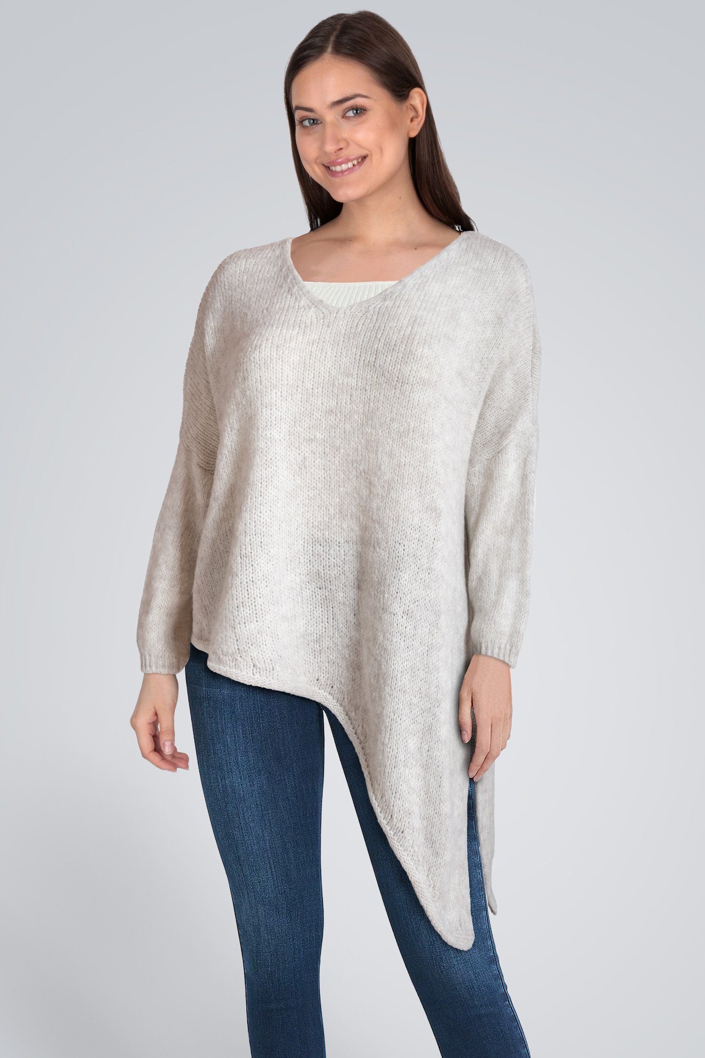 PEKIVESSA Strickpullover Asymmetrischer Grobstrick-Pullover oversized Damen (1-tlg) V-Ausschnitt langarm beige