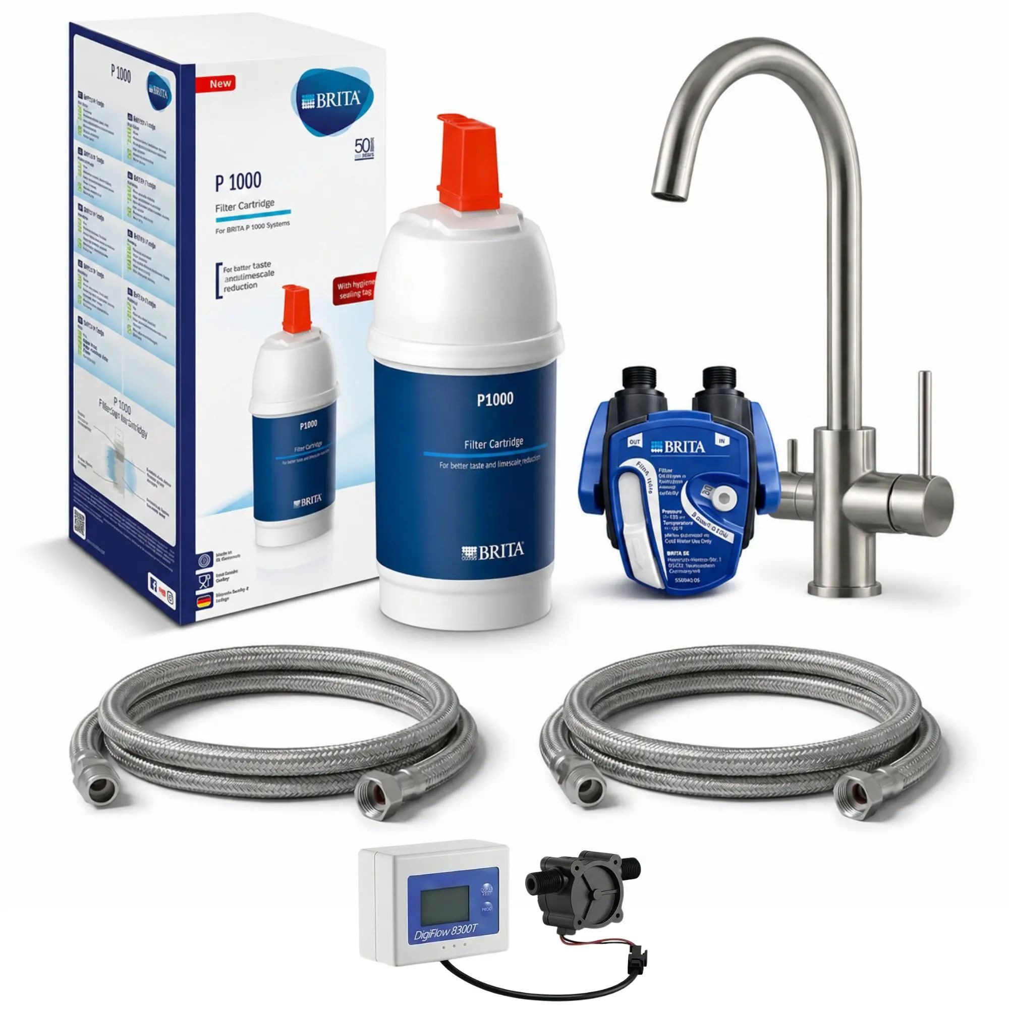Neues Wasser Untertisch-Trinkwassersystem P1000 Untertisch-Wasserfilter-Set mit 3-Wege-Armatur, VANTO C-Auslauf, BRITA P1000 Filterset mit Digiflow-Zähler
