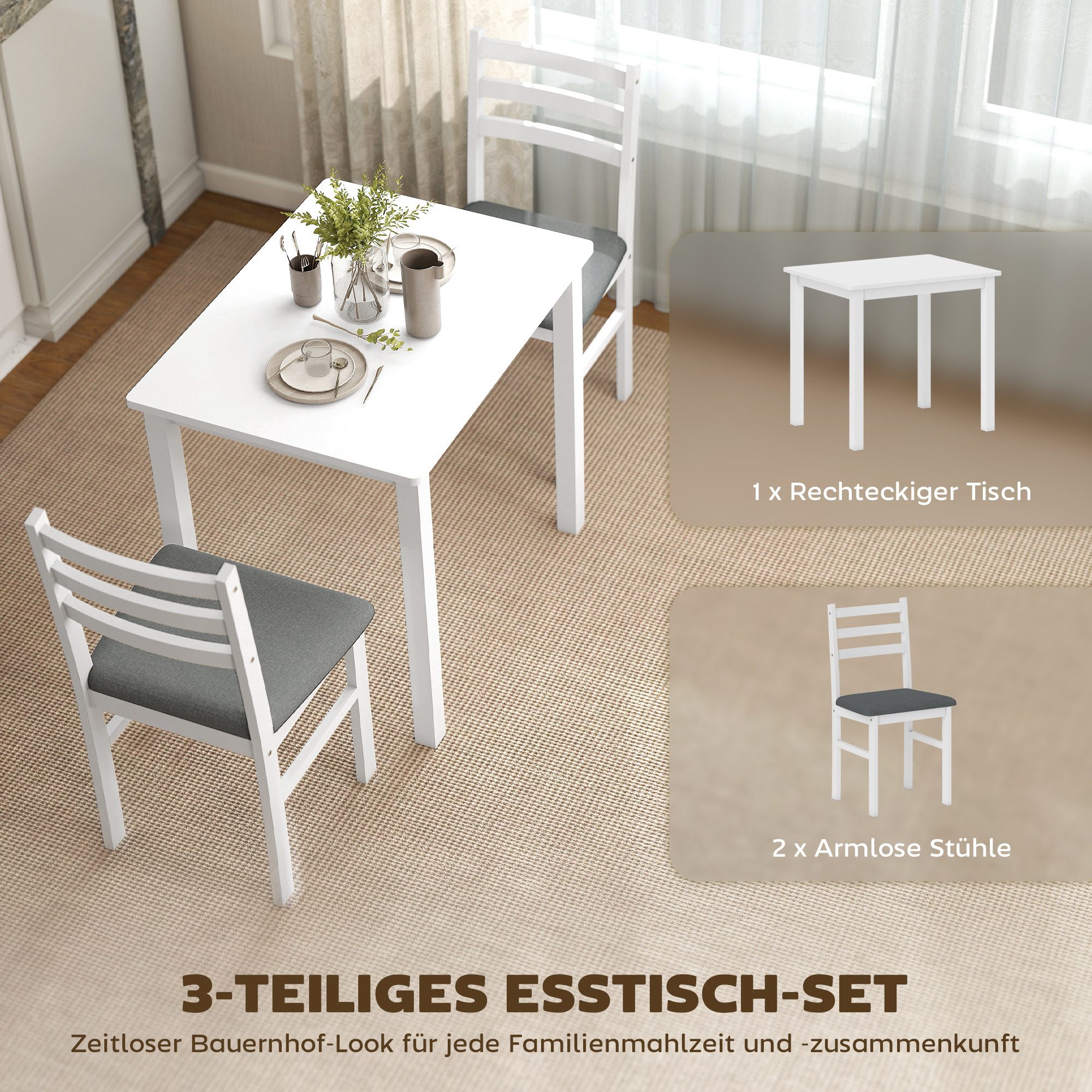 HOMCOM Essgruppe Esstisch mit 2 Stühlen Platzsparend Esszimmergruppe Rechteckig, (Sitzgruppe, 3-tlg., Küchentisch mit gepolsterten Essstühlen), für kleine Raum, – Bild 4 von 5