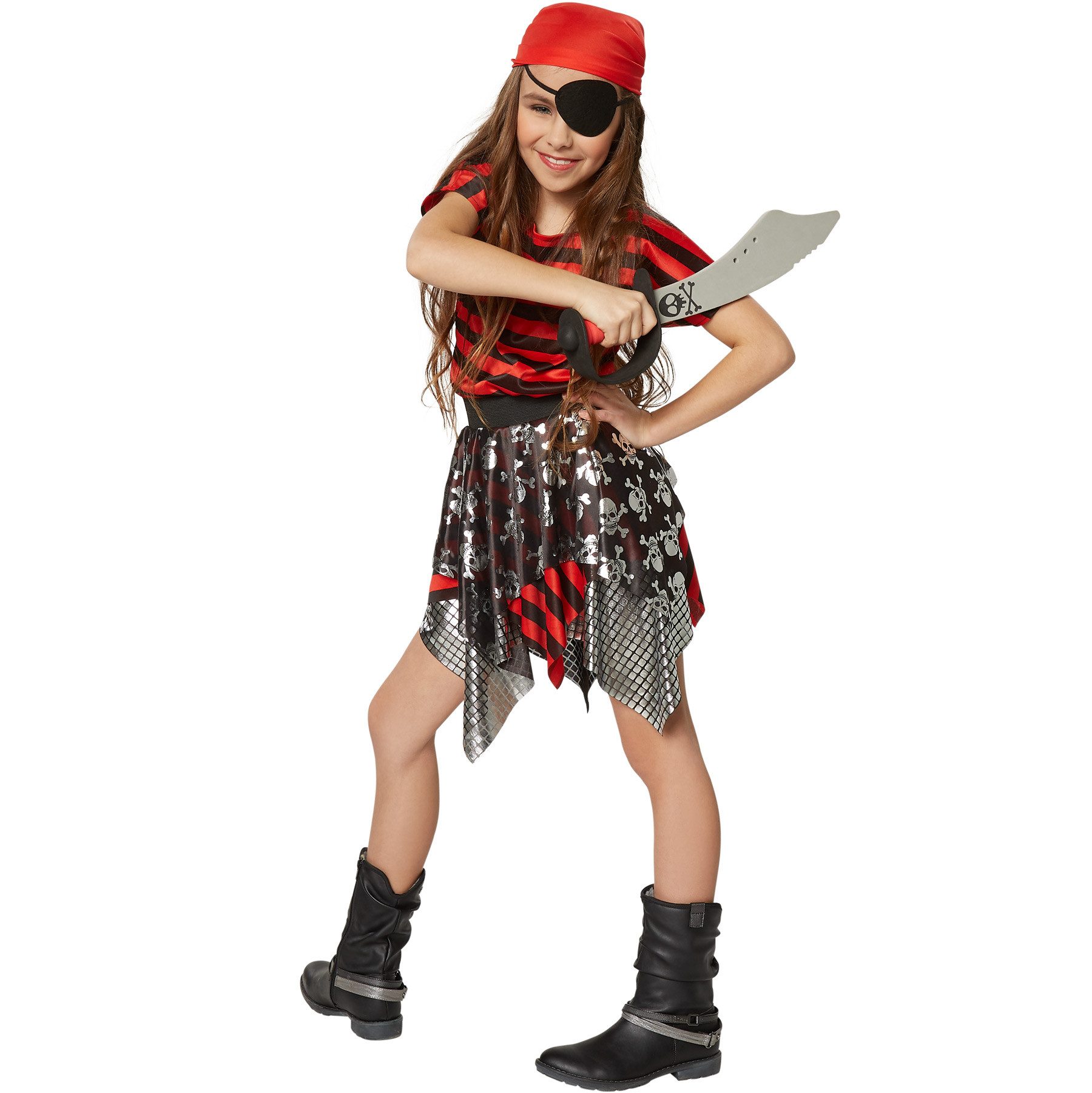 dressforfun Piraten-Kostüm Seeräuberin/Freibeuterin, in der Farbe schwarz/rot, Rotes Kopftuch, Gr. 140 (9-10 Jahre), Kurzärmeliges Oberteil in Schwarz und Rot