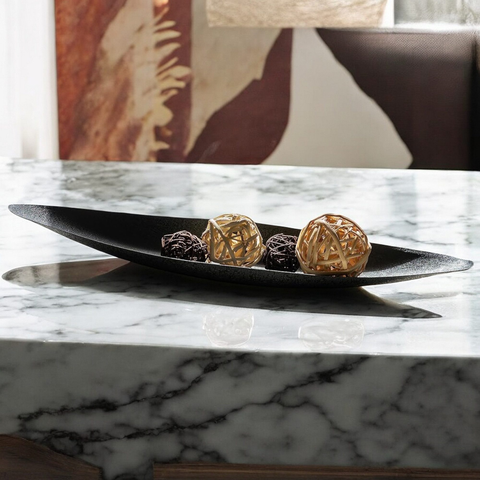 GlasArt Dekoschale XXL Deko Tablett bootsförmig Ablage-Schale, Snack Schlüssel Schwarz