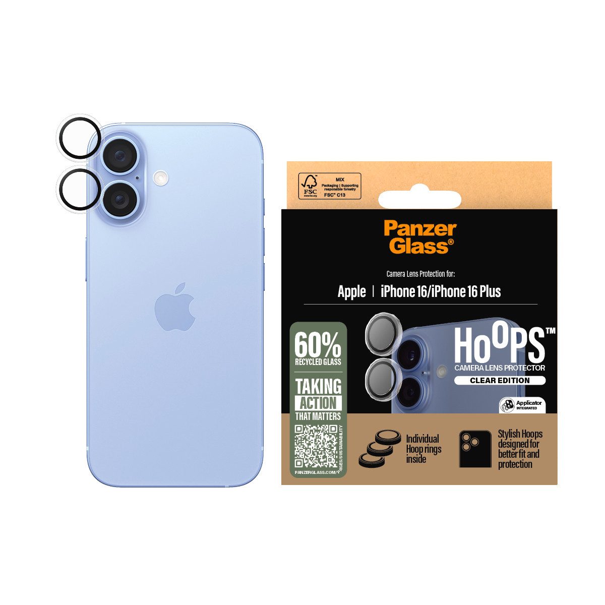 PanzerGlass Kameraschutzglas Hoops Camera Lens Protection für Apple iPhone 16, Apple iPhone 16 Plus, 2 Stück, Lens Cover, Schutzfolie, Schutzglas, kratz- & stoßfest