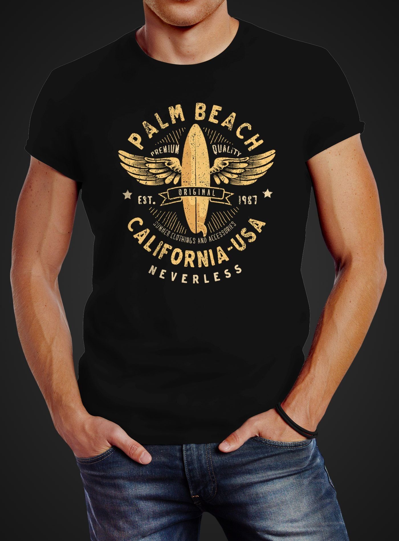 Surfing Motiv Effekt Fashion Vintage Palm Schriftzug Neverless® Neverless T-Shirt Beach Streetstyle Herren USA Print-Shirt mit Print California