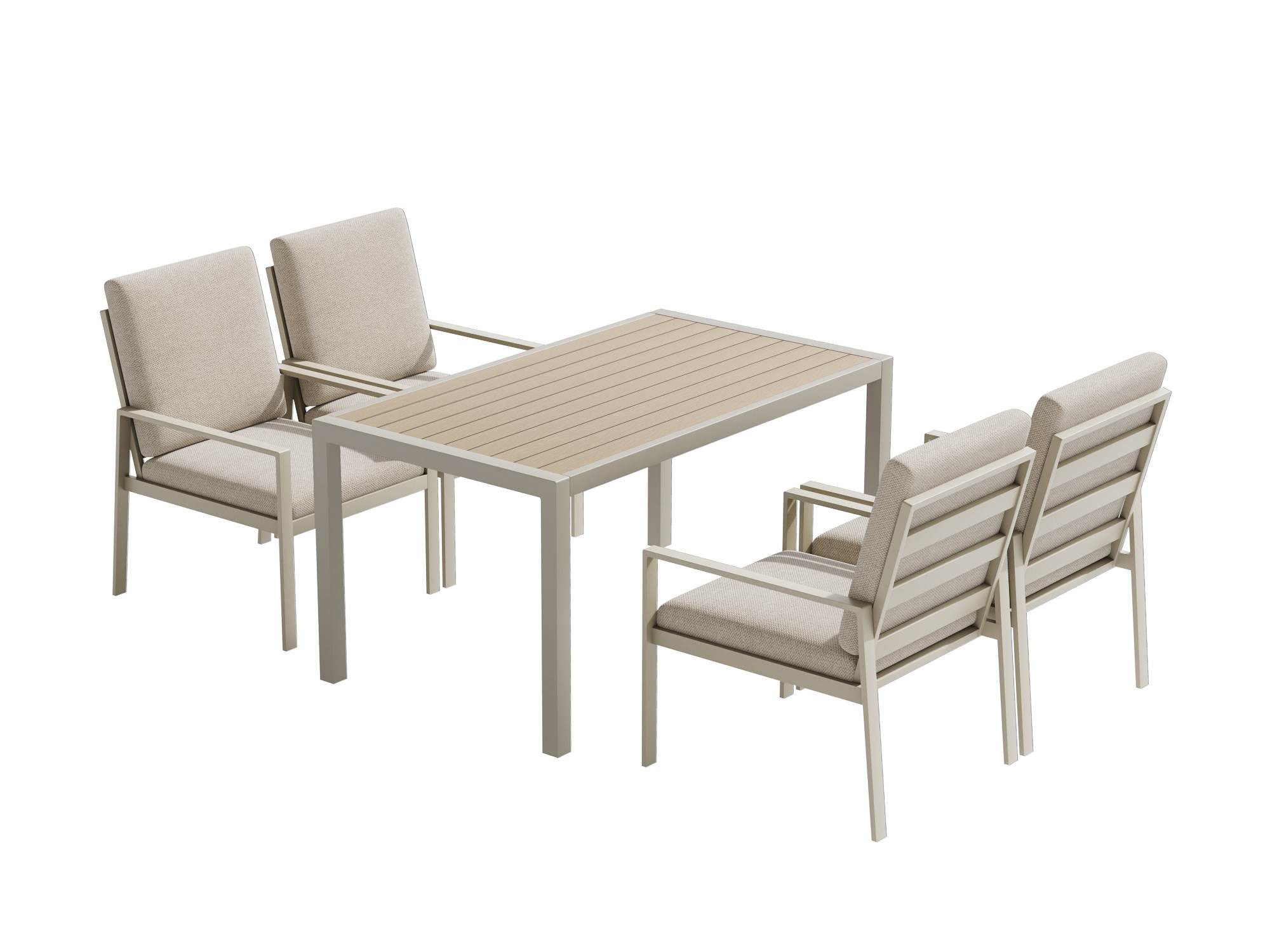 MeXo Gartenlounge-Set Gartenmöbel Set Aluminium Outdoor, (Garten-Essgruppe für 4 Personen, 5-tlg., mit Polywood Tisch & Auflagen), wetterfest für Terrasse & Garten