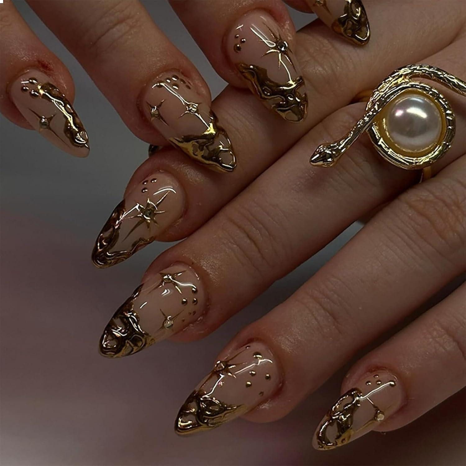 Kunstfingernägel 24 Stück Mandel Press On Nails 3D Mittel Französische Falsche Nails