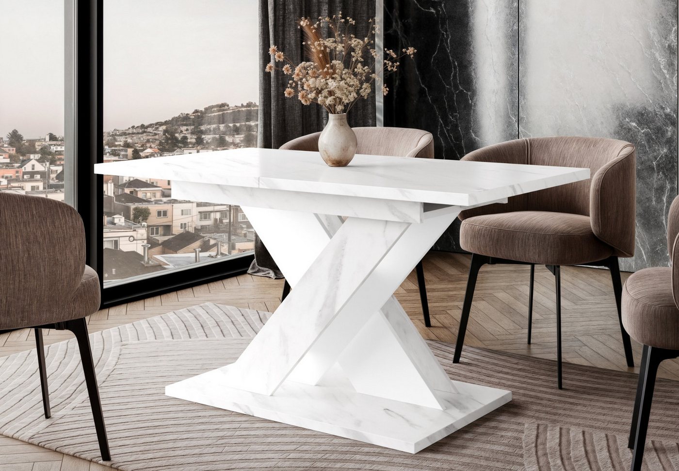 Home Collective Esstisch ausziehbar Tisch Küchentisch Esszimmertisch 120 oder 140 cm (wählbar in 120-160 oder 140-180 x 80 cm Esszimmer Küche Wohnzimmer Esstisch erweiterbar), modernes Design mit X-Gestell Weiß Marmor-Optik