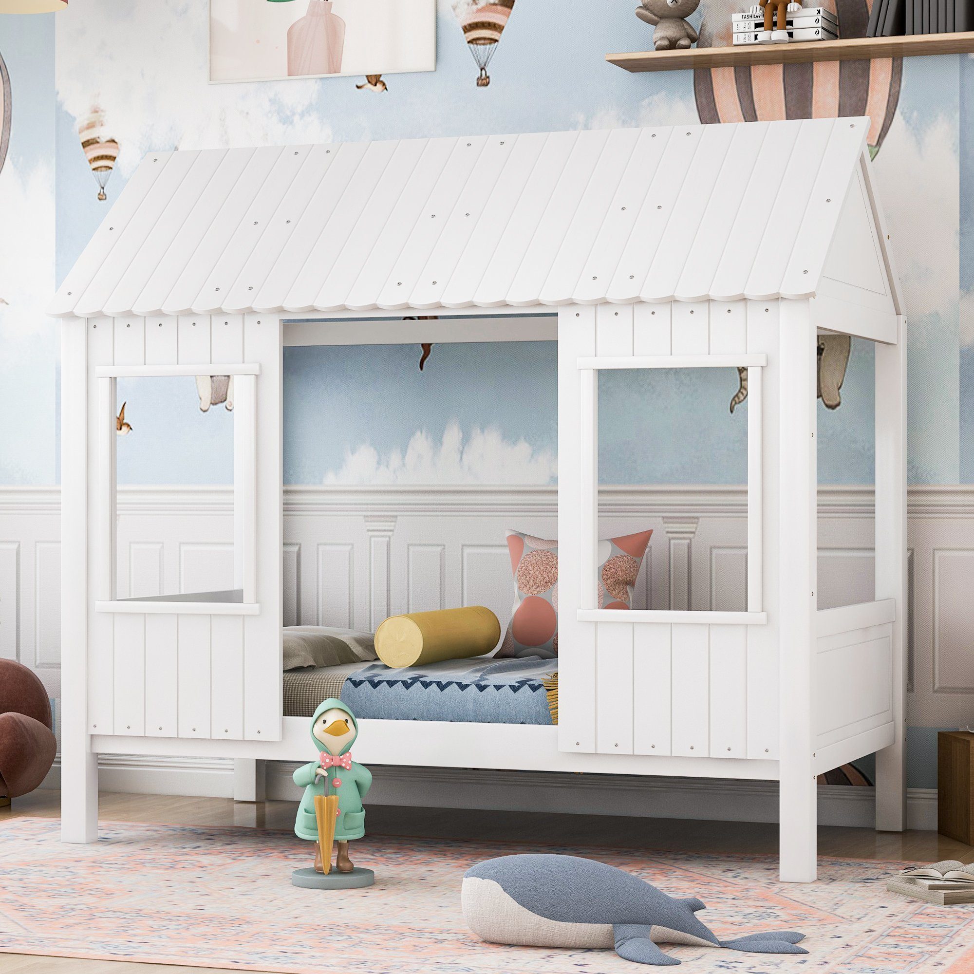 Flieks Hausbett (mit 2 Fenstern und MDF Dach), Kinderbett Einzelbett Massiv Kiefer Holzbett weiß 200x90cm