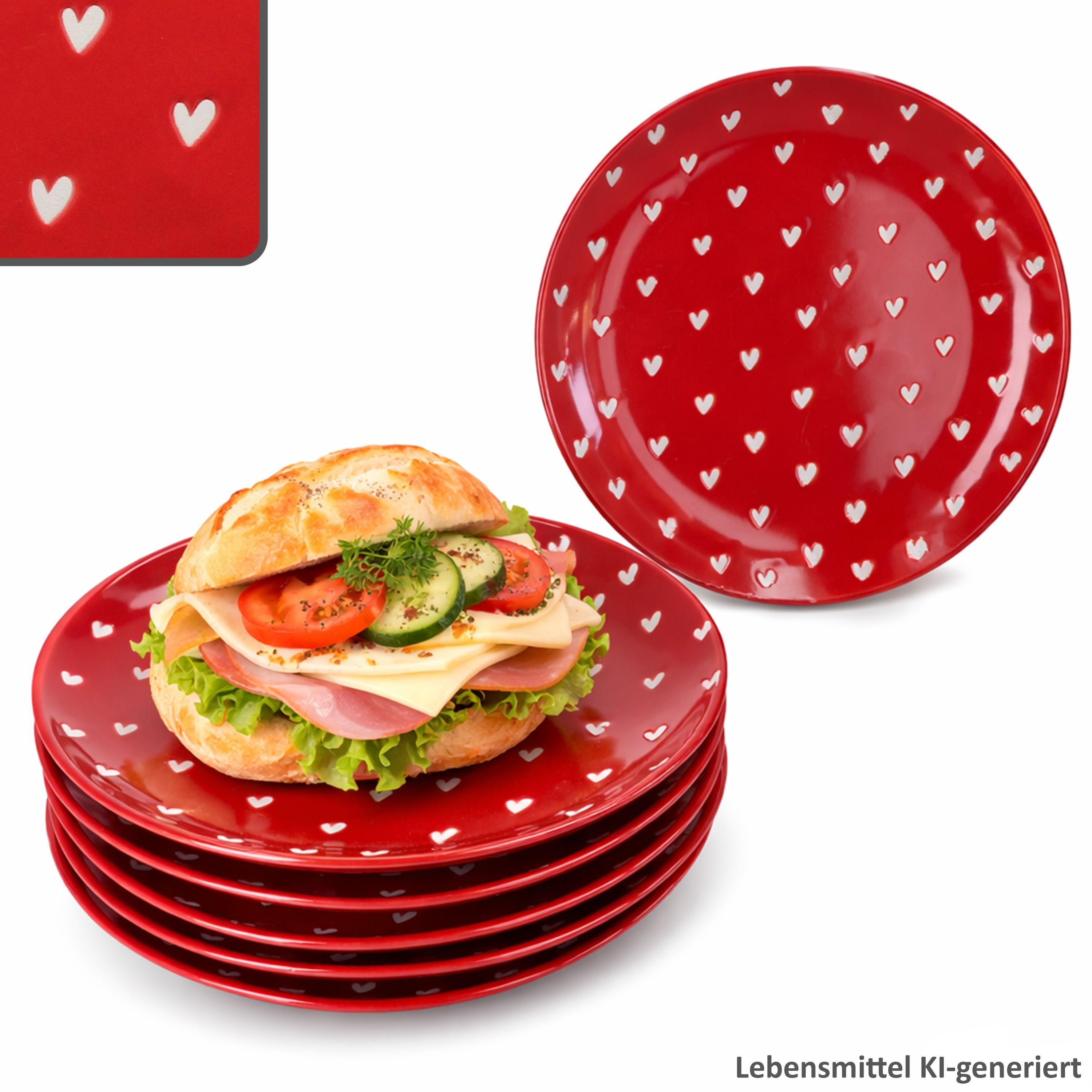 MamboCat Frühstücksteller MamboCat 6er Set Love Kuchenteller Porzellan rot weiße Herzen Dessert