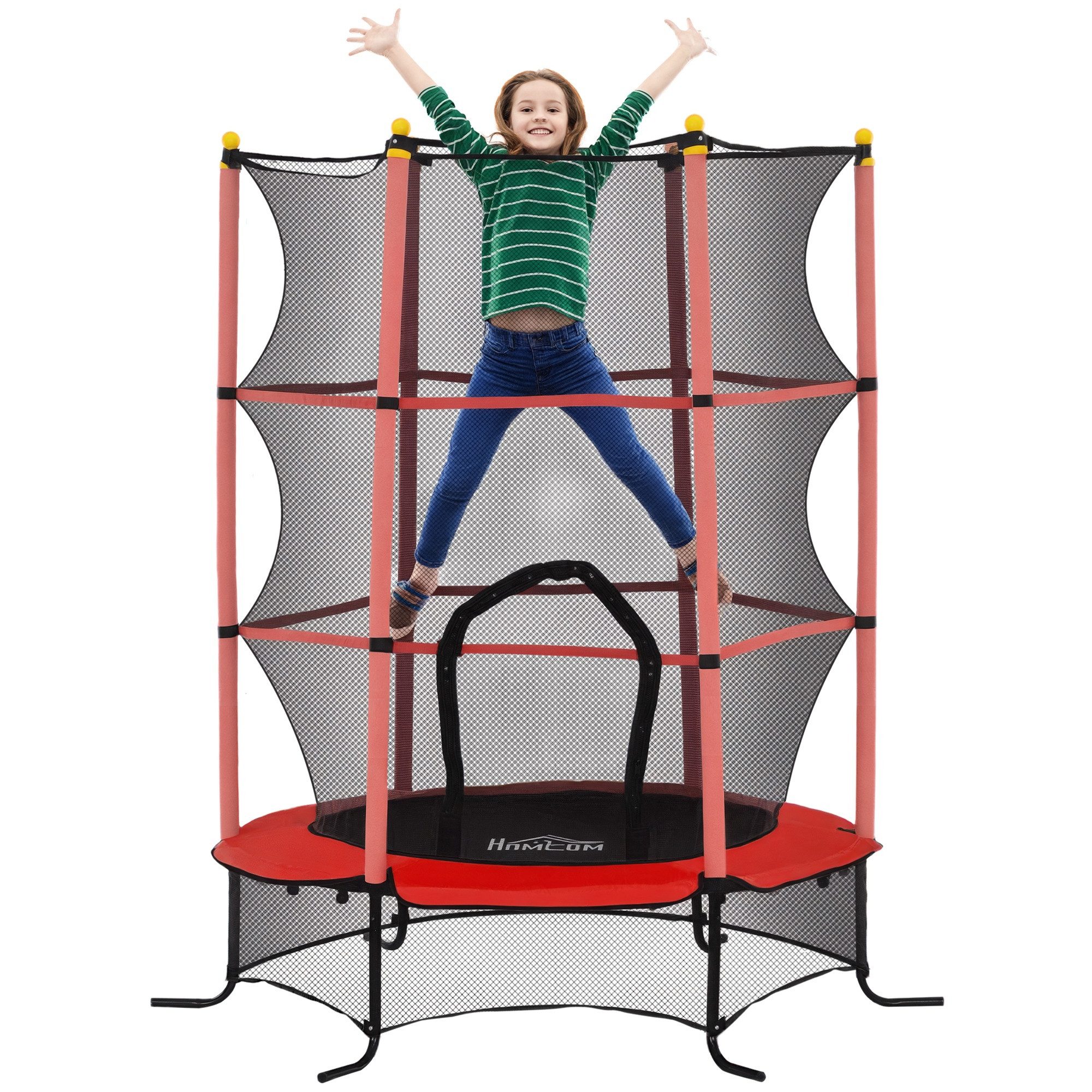 HOMCOM Kindertrampolin Trampolin mit Sicherheitsnetz, Randabdeckung, Gartentrampolin, Ø 163 cm, (Indoor Trampolin, 1 tlg., Trampolin), für Kinder 3-10 Jahre, bis 50 kg belastbar, Rot