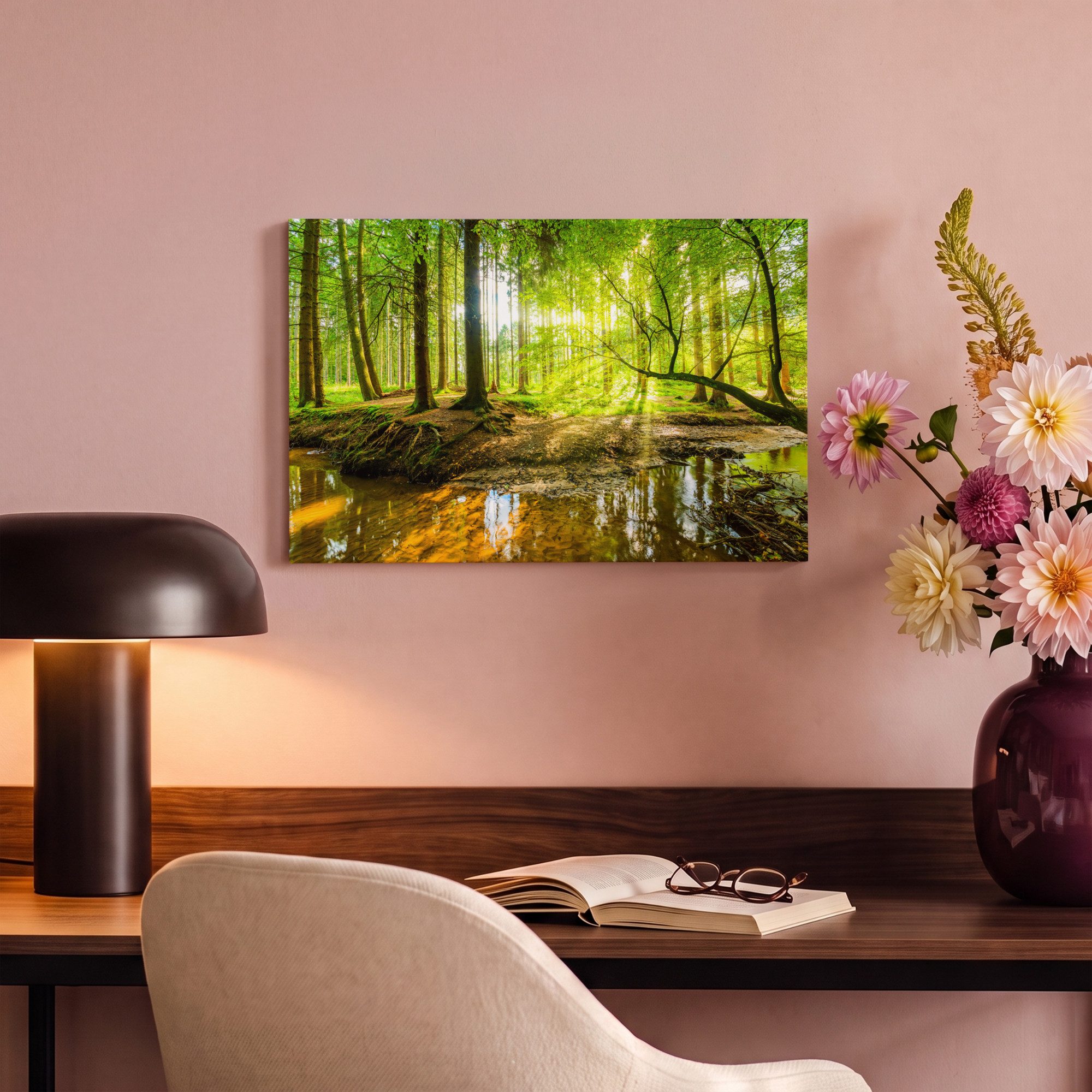 OneMillionCanvasses® Leinwandbild Wald - Landschaft - Wasser - Bäume - Sonne - Grün - Natur, Fotodruck (1 St), Wandbild, Deko Schlafzimmer Wohnzimmer Flur 20x20 – Bild 4 von 5