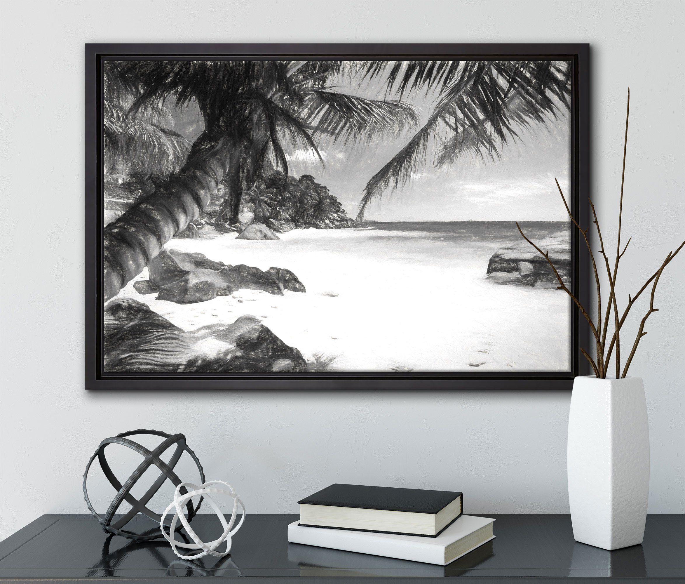 Schattenfugen-Bilderrahmen Zackenaufhänger Leinwandbild Palmenstrand fertig (1 Leinwandbild inkl. gefasst, Seychellen Pixxprint Wanddekoration Kunst, bespannt, St), in einem