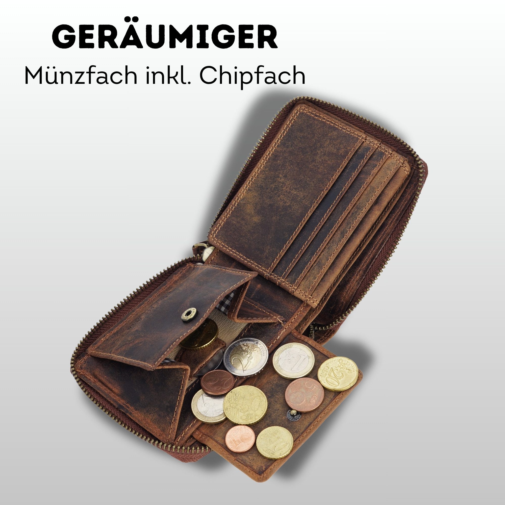 Manza Geldbörse Geldbörse Portemonnaie Echt Leder RFID - umlaufendem Reißverschluss, umlaufendem Reißverschluss, Hochwertiges Leder – Bild 4 von 5