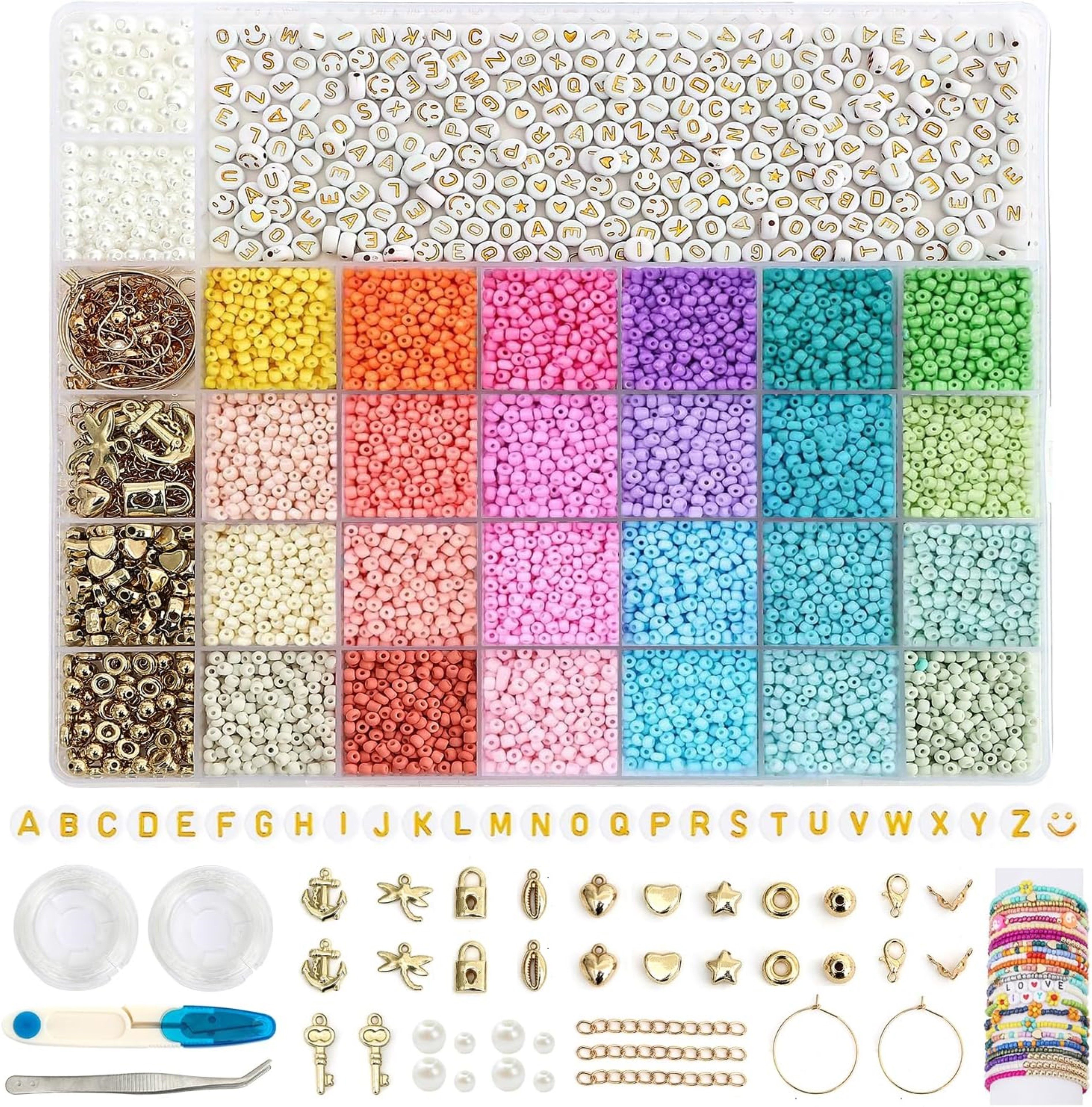 LA CUTE Perlenarmband Set DIY Perlen Set 3mm Glasperlen (Bastelset zur Schmuckherstellung, 12000-tlg., DIY Perlen-Set mit Zubehör für Schmuck & Armbänder), 12000 Perlen, 24 Farben, mit Buchstaben & Zubehör