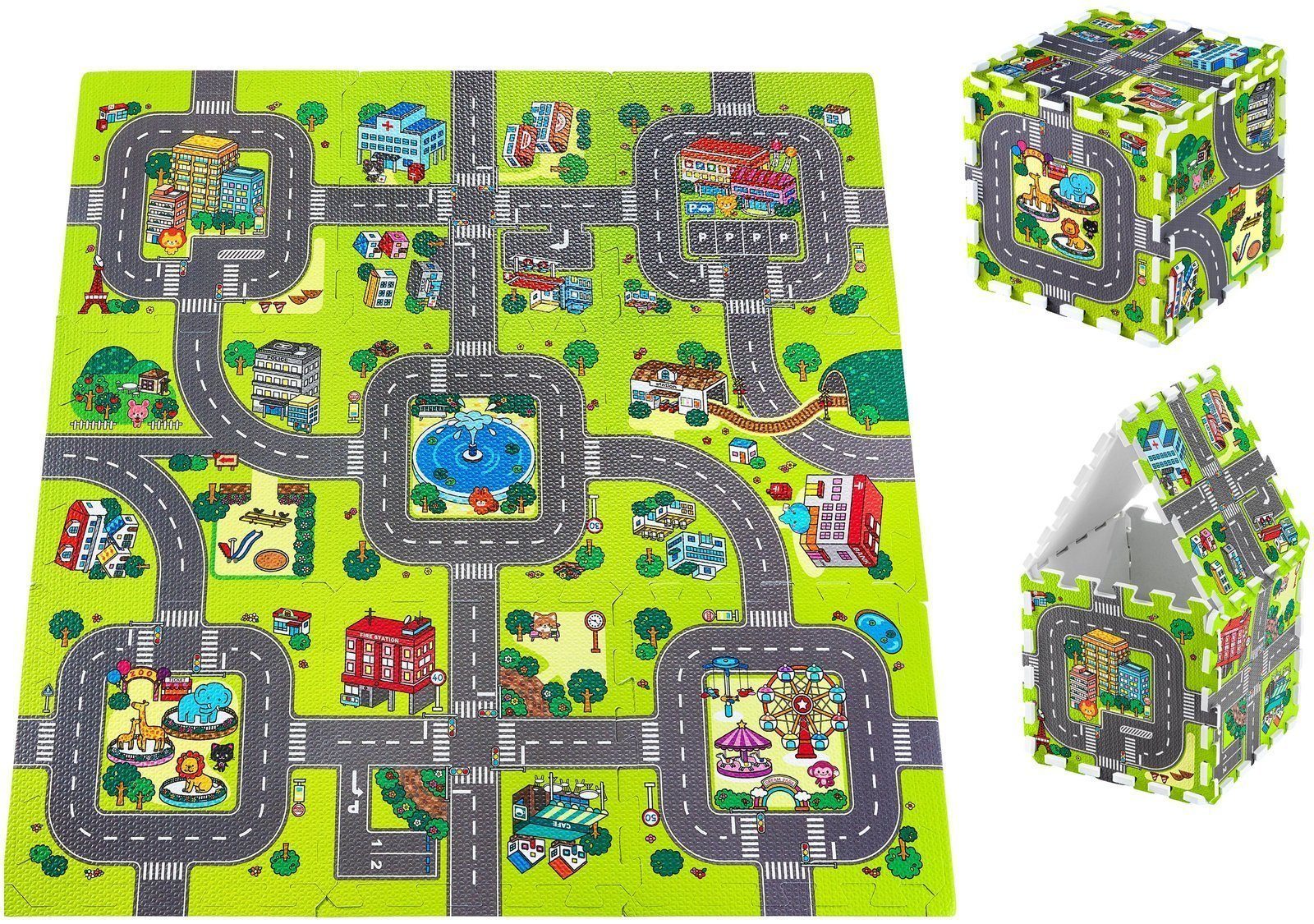 Moby-System Laufstall Lernschaum-Puzzlematte 90 x 90 x 1cm mit Rand, Muster: Stadt (9-tlg)