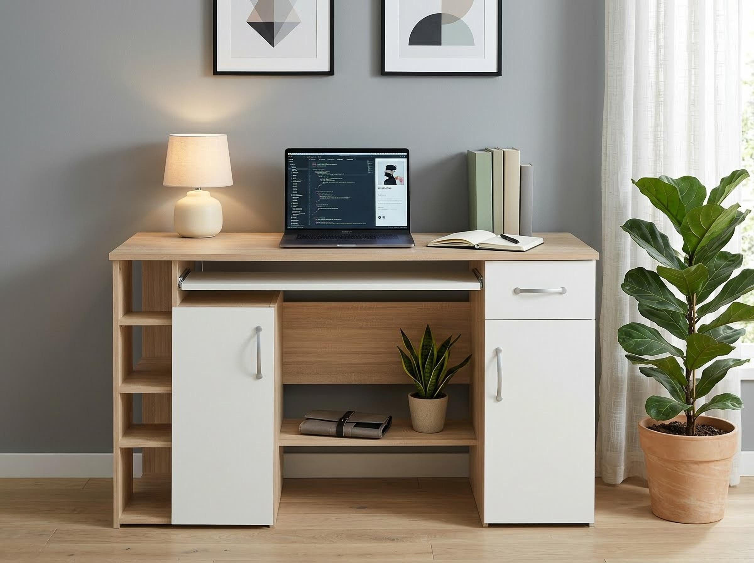 VOGL Möbelfabrik Schreibtisch Tim mit seitlich offenen Fächern & Tastaturauszug, Druckerablage, 1 Schublade, Breite 138 cm, Made in Germany