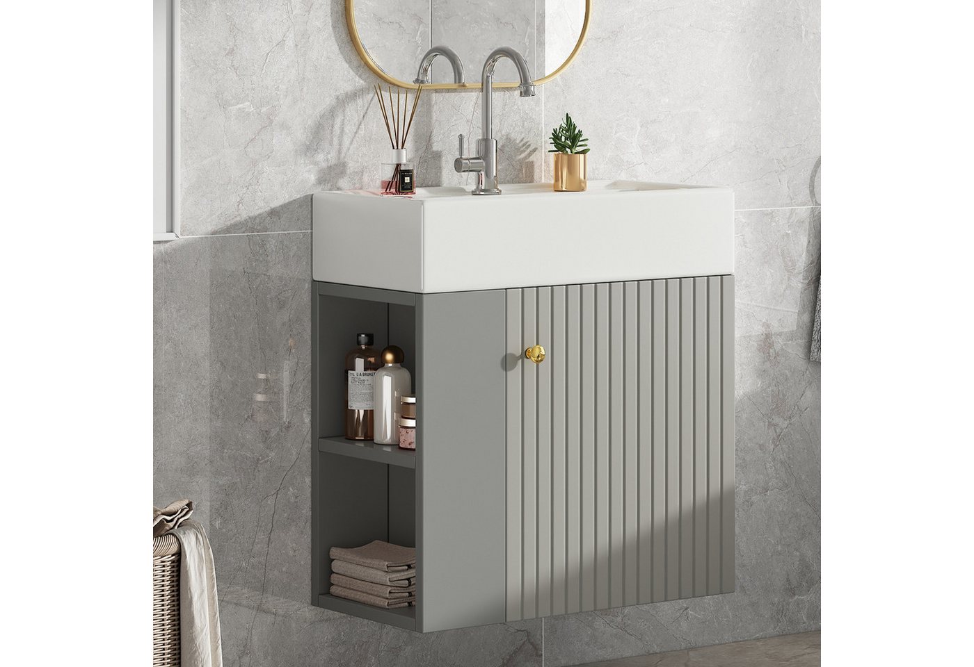 Thumbnail - HAUSS SPOLE Waschtisch Waschbecken Badschrank-hängend mit Keramikwaschbecken, Ablage,grau (Waschtischunterschrank Badezi...