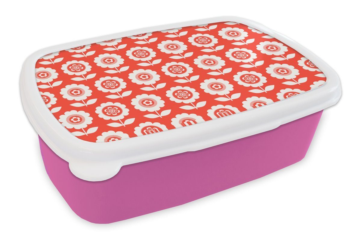 MuchoWow Lunchbox Blumen - Muster - Rot, Kunststoff, (2-tlg), Brotbox für Erwachsene, Brotdose Kinder, Snackbox, Mädchen, Kunststoff rosa