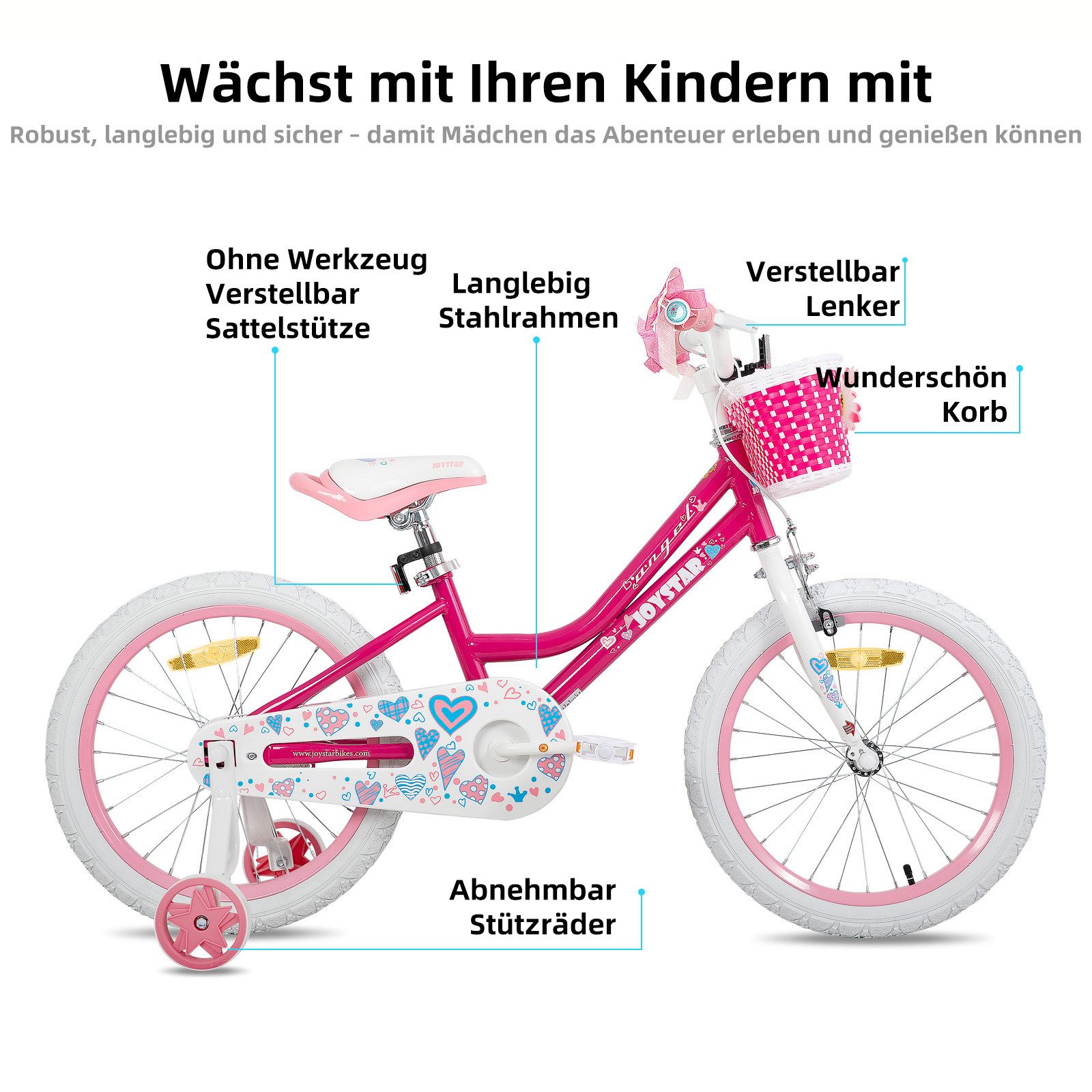 JOYSTAR Kinderfahrrad 12 14 16 18 Zoll Mädchenfahrrad, 3 - 9 Jahre,Geschenk für Prinzessin, 1 Gang, Mit Hilfsrädern, farbigen Bändern, Korb, Reflektor, Kettenabdeckung