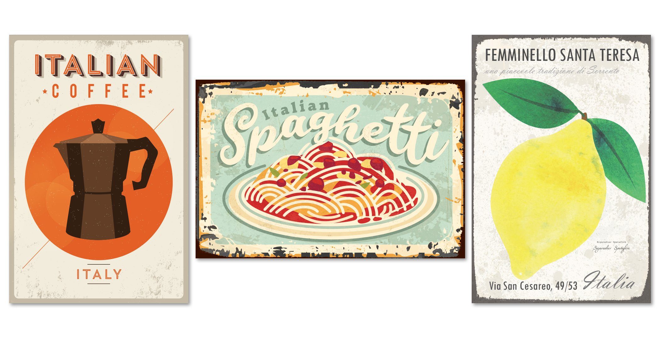 queence Metallschild Italien - Spaghetti - Coffee - 3er-Set - 3x 20x30x0,1cm, (3er-Set), mit Lochbohrung - Blechschild - Stahlschild