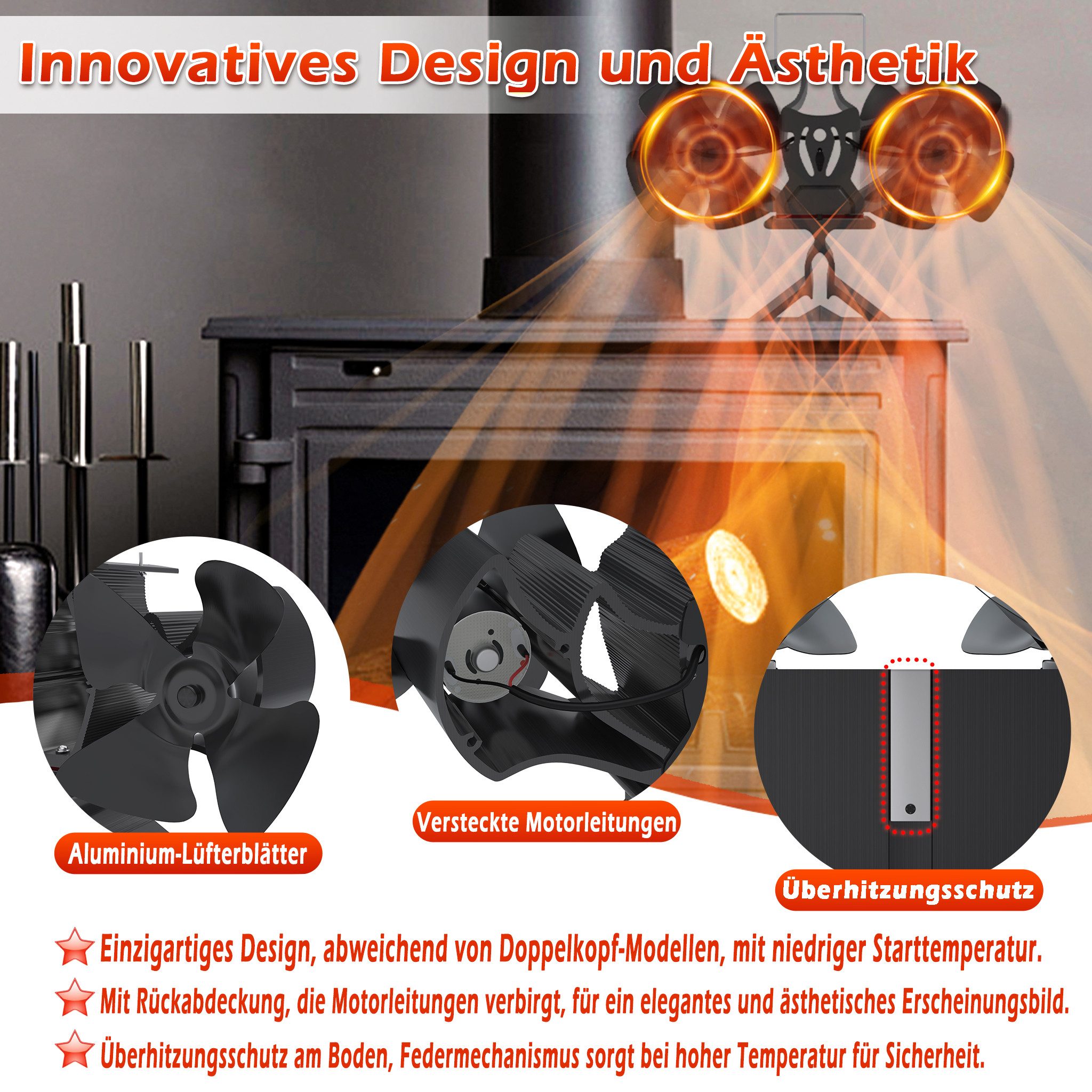 FIVMEN Kaminventilator 8 Blätter Mit 2 Motoren Kaminventilator Ofenventilator Ohne Strom, für Kaminofen/Kamin/Ofen/Holz, Ofenventilator Doppelt – Bild 4 von 5