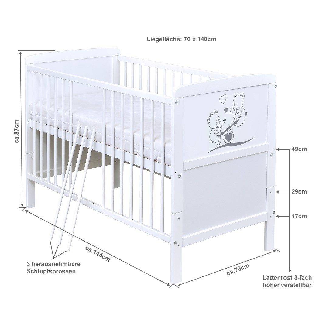 Baby-Delux Babybett Luna Teddy Wippe, Kinderbett Gitterbett 140x70 weiß mit Beißschienen Schublade, Matratze