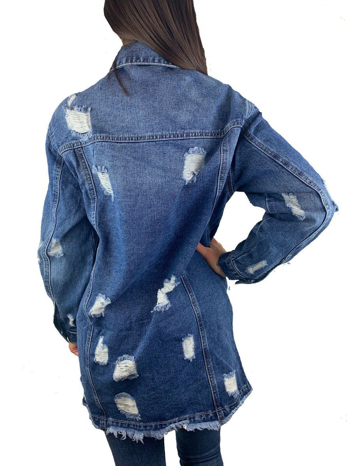MIT Cut Denim Denim Destroyed Parka Jeansjacke Vintage Oversized NEU XS-XL DENIMWEAR Mantel Jacket Jeans BLAU Used WASH Worldclassca Out Rissen ÜBERGANGSJACKE LANG Blogger Worldclassca Damen Jeansjacke