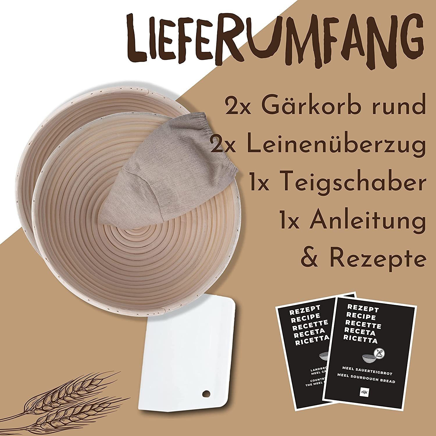 riijk Gärkorb inkl. Gratis Teigschaber, (Gärkörbchen 22cm und 25 cm, zwei Leinentücher und ein Teigschaber), Brotkorb 2er Set + Leinentücher u. Teigschaber