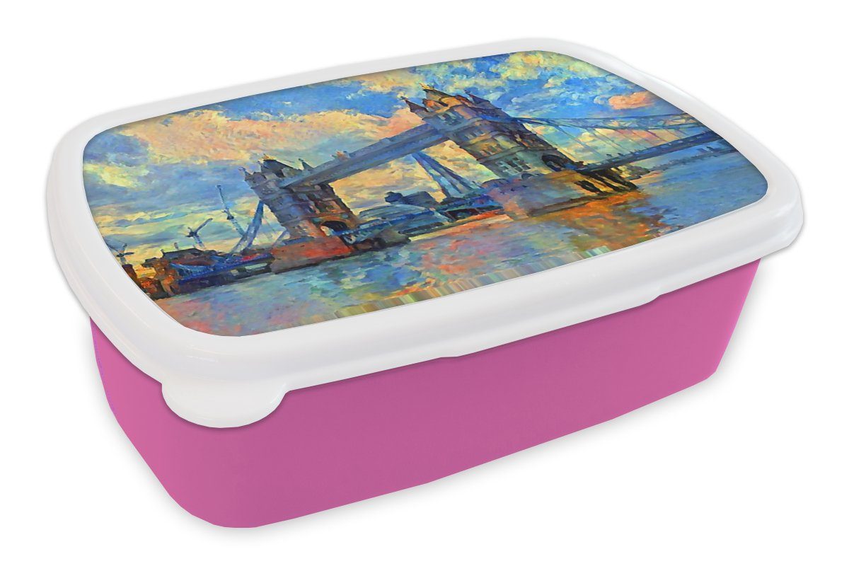 MuchoWow Lunchbox für Öl, Gemälde Brotbox Kunststoff, Erwachsene, Snackbox, Mädchen, - Kinder, Brücke Kunststoff London - Brotdose (2-tlg), rosa 