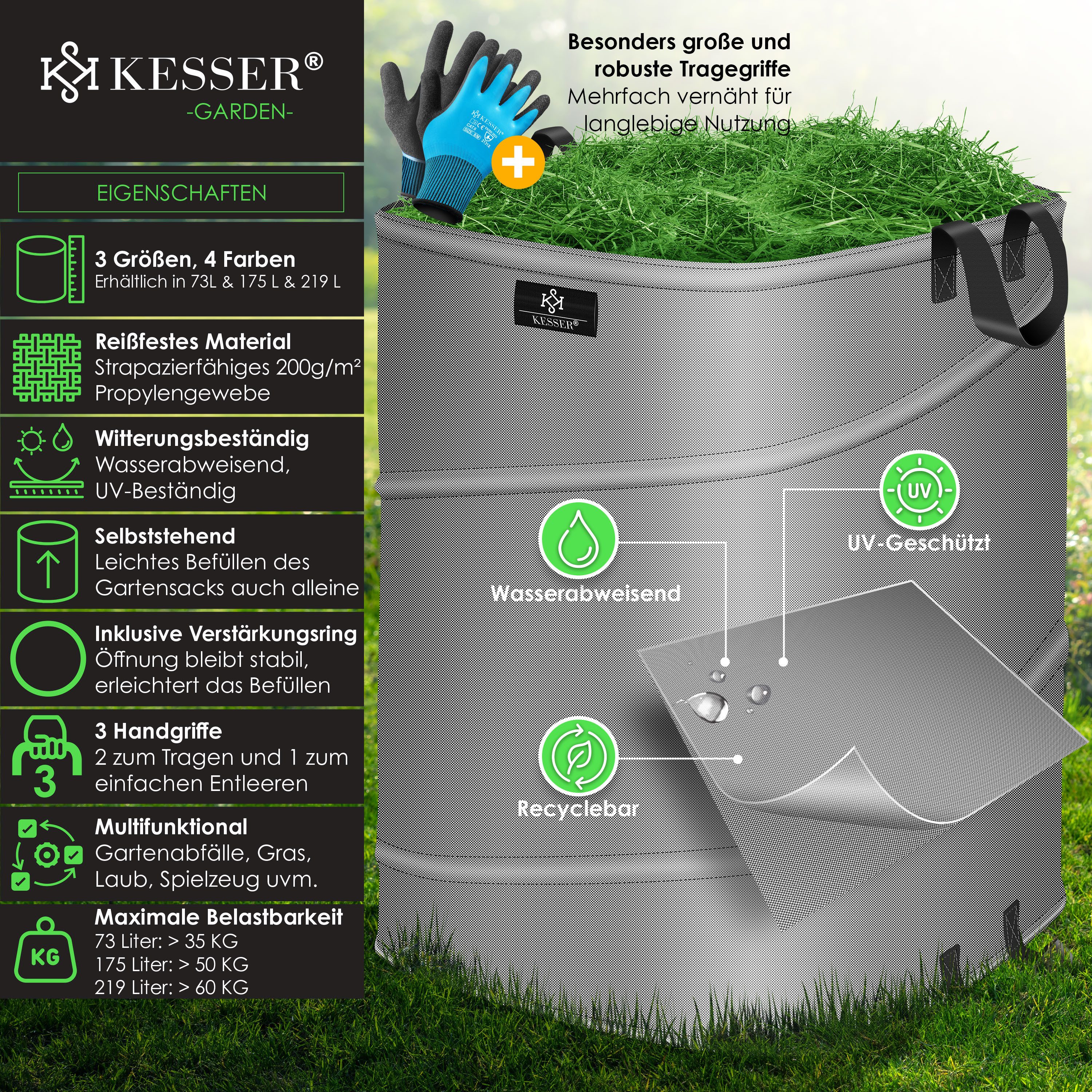 KESSER Gartensack, 73 l, (1-tlg), Pop-Up-Gartensack Laubsack Gartenabfallsack inkl. Handschuhe