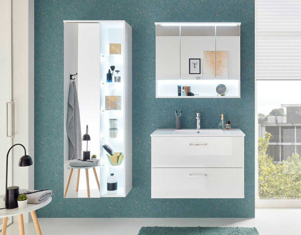 Bega Consult Badezimmer-Set »Best Weiß Hochglanz«, (Komplett Set, 3-St.,  großer Hängeschrank + Spiegelschrank + Waschbeckenunterschrank inklusive  Waschbecken), Hochglanzfronten, Softclose, inklusive Steckdosenbox,  inklusive LED- Beleuchtung, inklusive ...