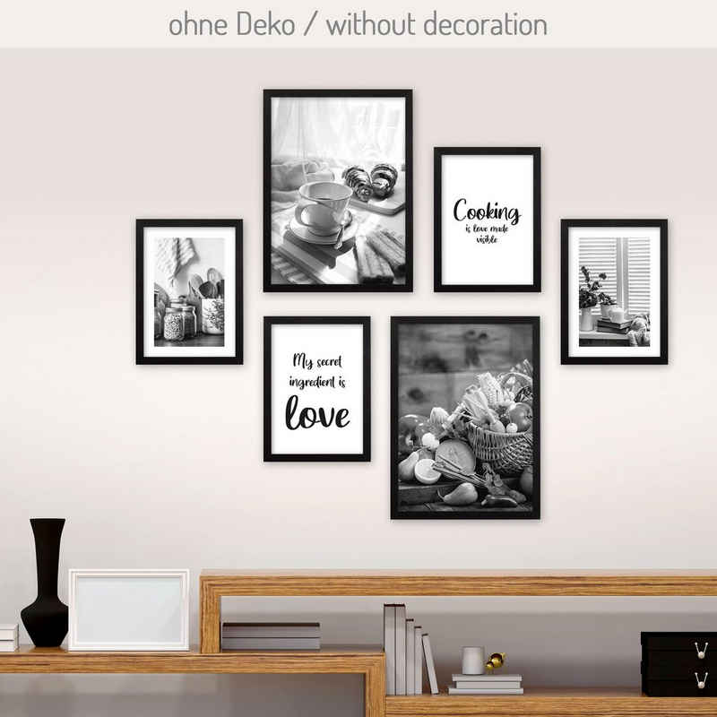 Kreative Feder Poster, schwarz-weiß, Küche, Kochen, Liebe, Familie, Zuhause (Set, 6 St), 6-teiliges Poster-Set, Kunstdruck, Wandbild, Posterwand, Bilderwand, optional mit Rahmen, WP554