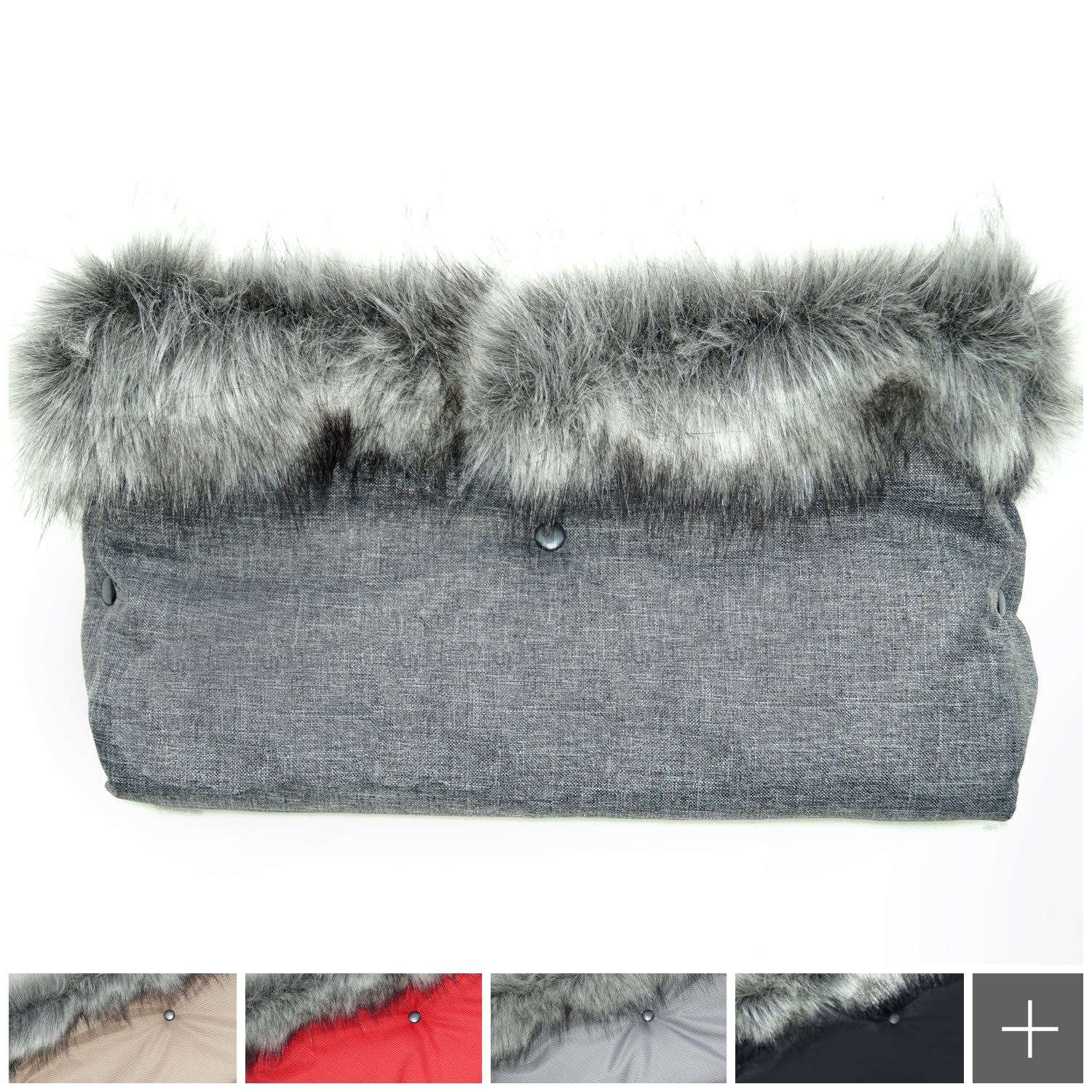 Baby-Joy Kinderwagen-Handwärmer Luxus Muff mit Kunstfell - Flauschiger Handwärmer, kuschelweich, außen wind- und wasserabweisend
