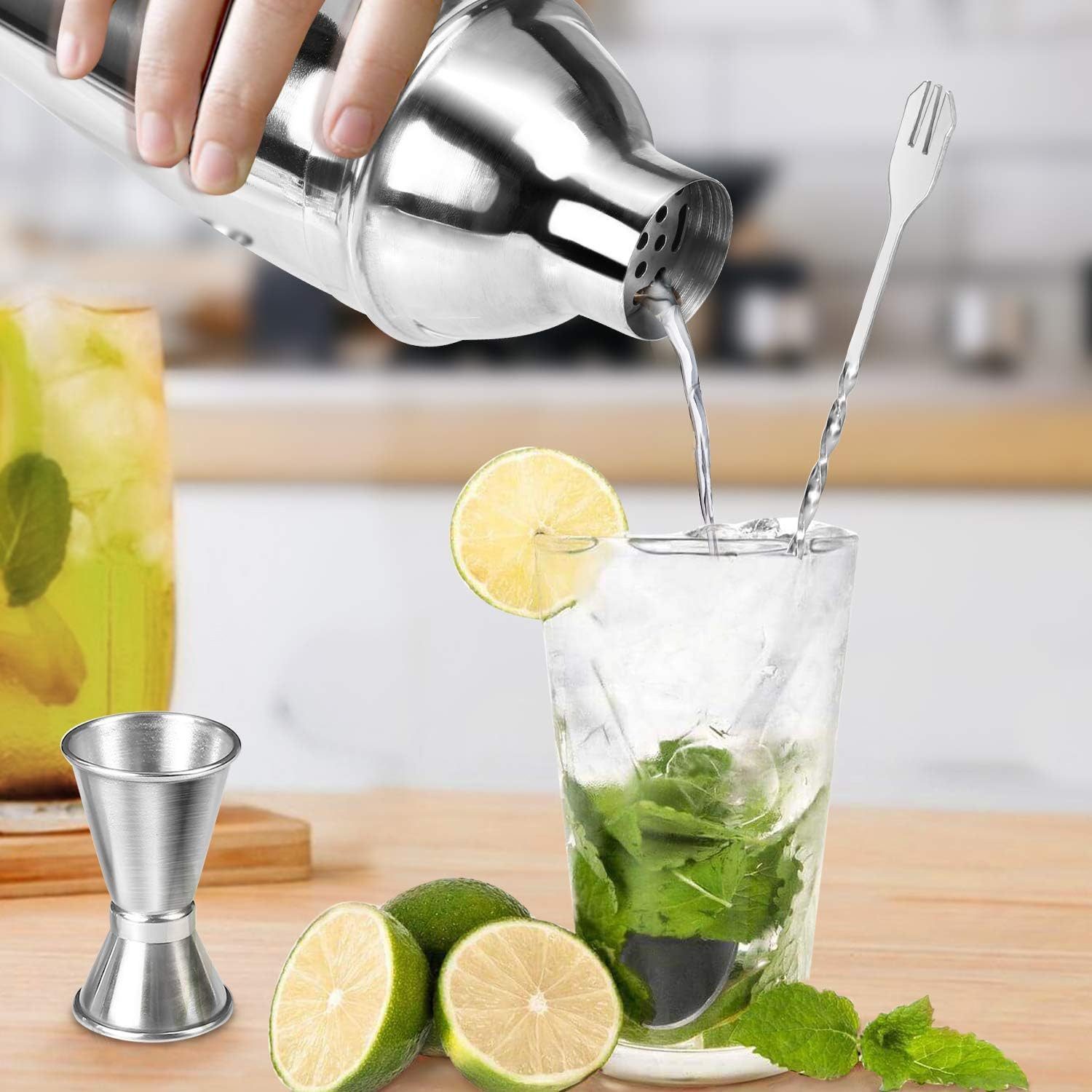 LA CUTE Cocktail-Set Edelstahl Cocktail Shaker Set 14-teilig mit Bar-Tools, Cocktailrezepte, (Cocktail Shaker Bar-Set 14-teilig mit Zubehör für Mixen & Geschenkbox, 14-tlg., 14-teiliges Edelstahl Cocktail Shaker Set für Zuhause & Bar), Auslaufsicher, spülmaschinenfest, kratzfest, edle Geschenkbox